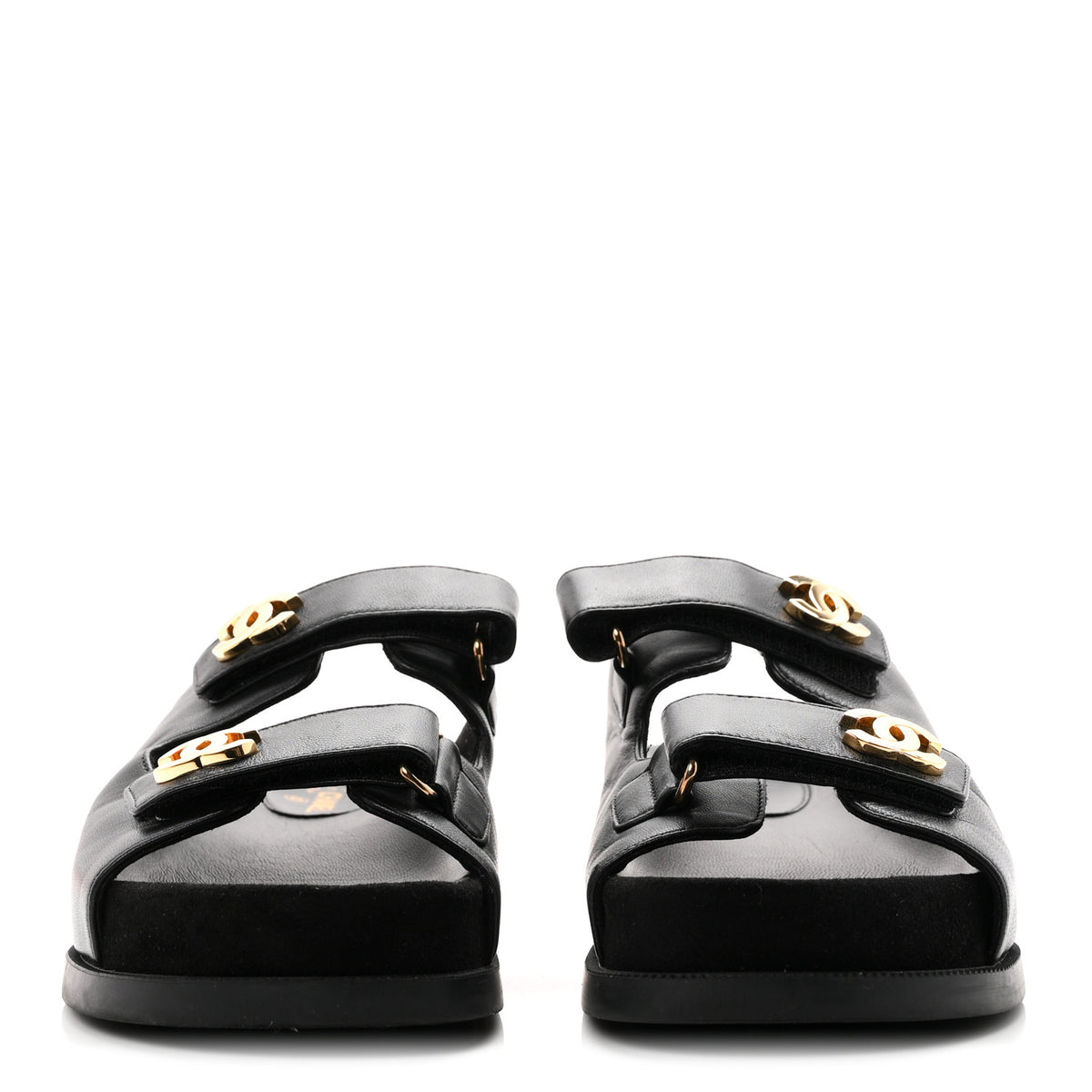 Lambskin Velcro Dad Chain CC Slide Sandals 38.5 Black