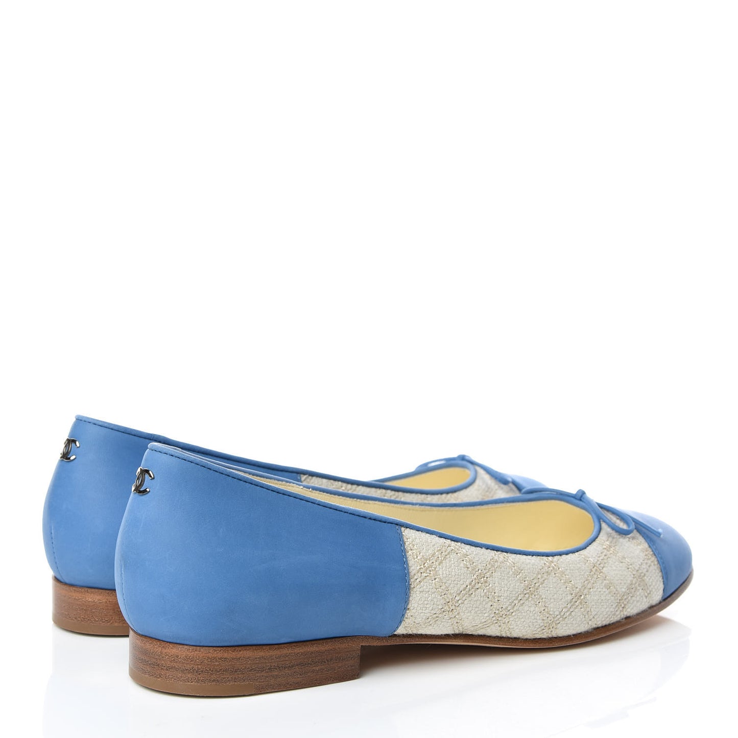Toile Oily Calfskin CC Cap Toe Ballerina Flats 36 Light Beige Blue