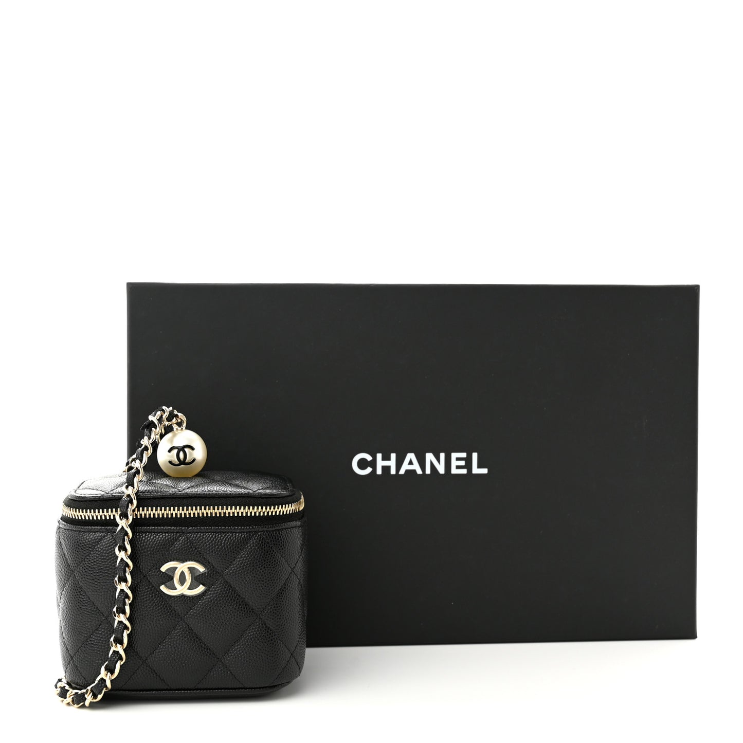 Caviar Quilted Mini Pearl On Top Vanity Case With Chain Black