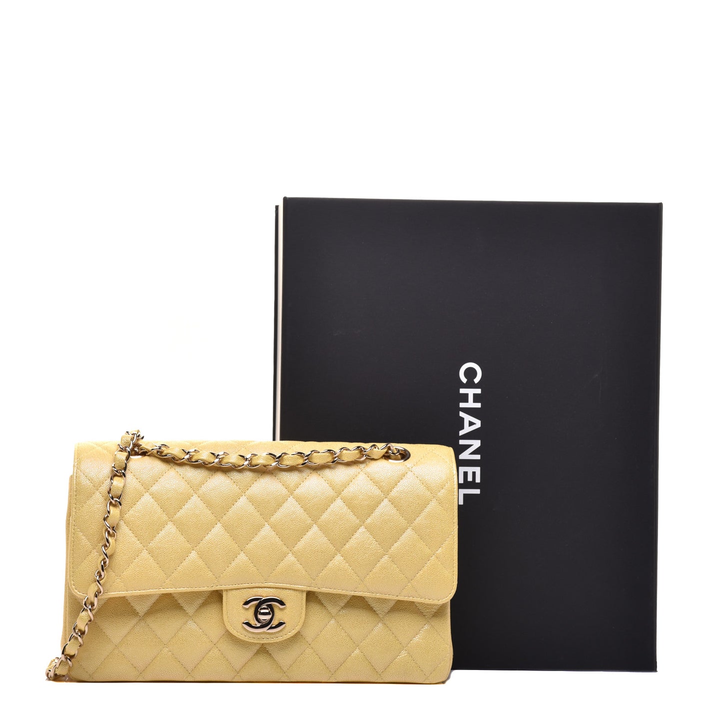 Iridescent Caviar Quilted Medium Double Flap Yellow