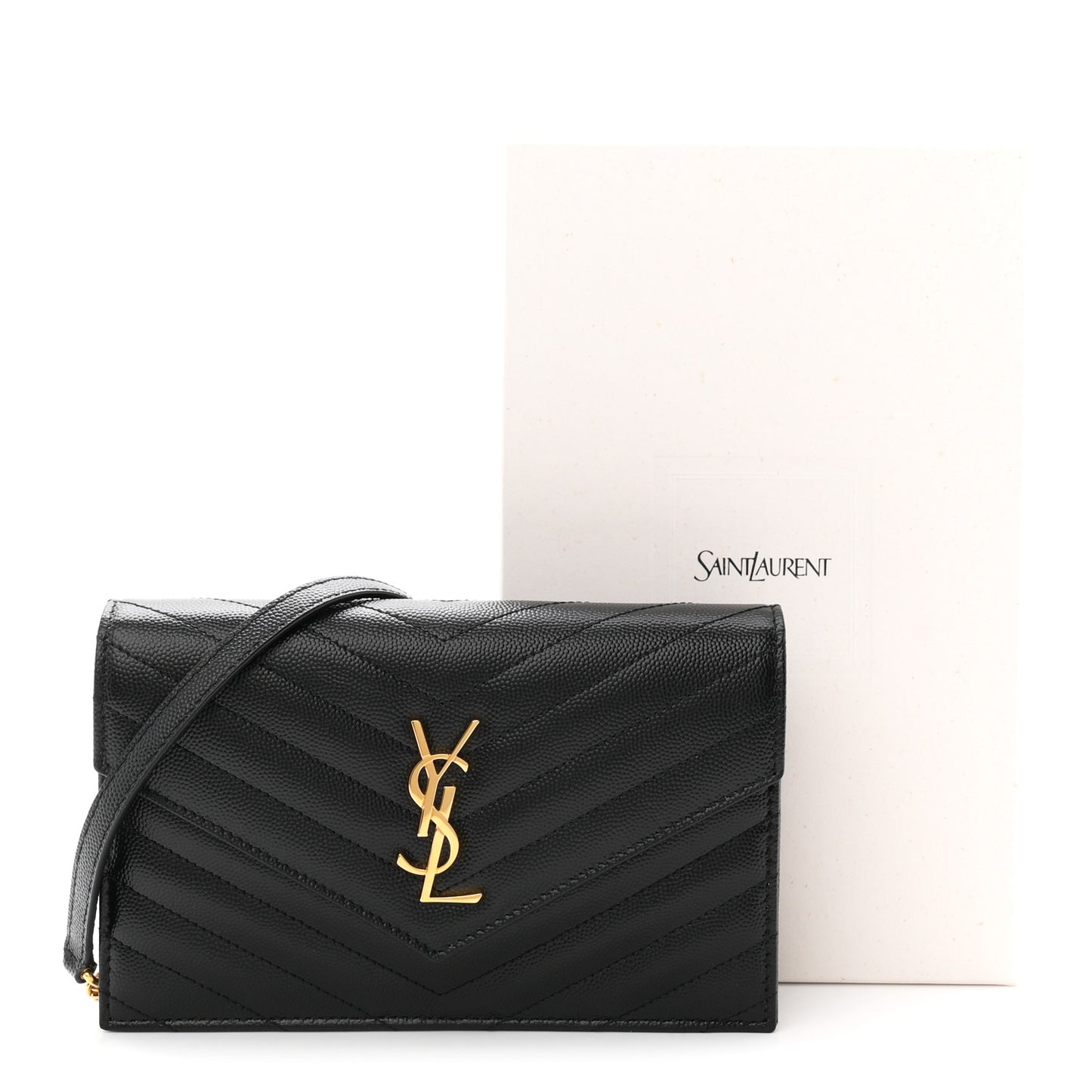 Grain De Poudre Matelasse Chevron Monogram Envelope Chain Wallet Black