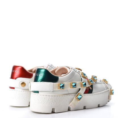 Gucci Calfskin Removable Crystals Bee Embroidered Ace Platform Sneakers 37 White 4 of 11