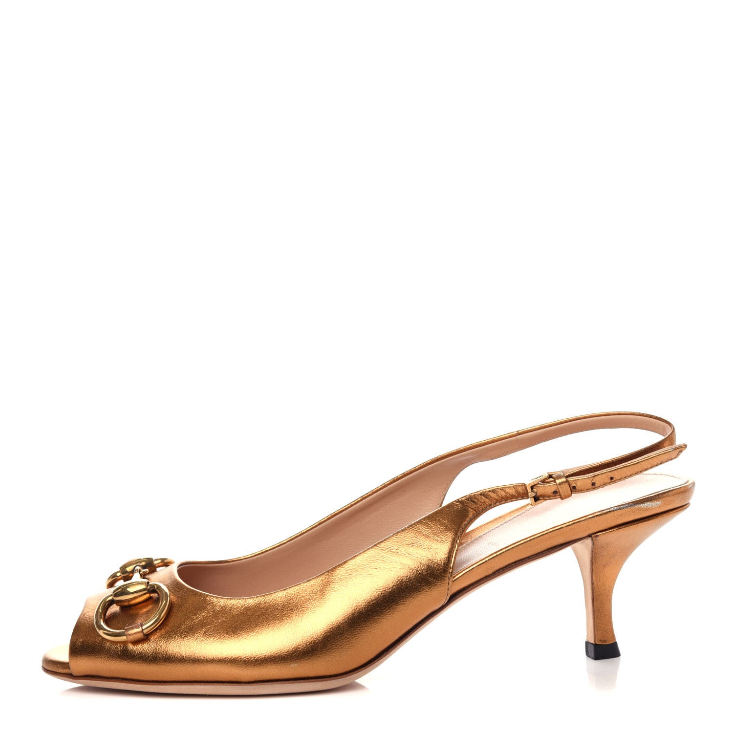 Gucci Metallic Calfskin Horsebit Peep Toe Low Heel Slingback Pumps 37.5 Gold 1 of 10