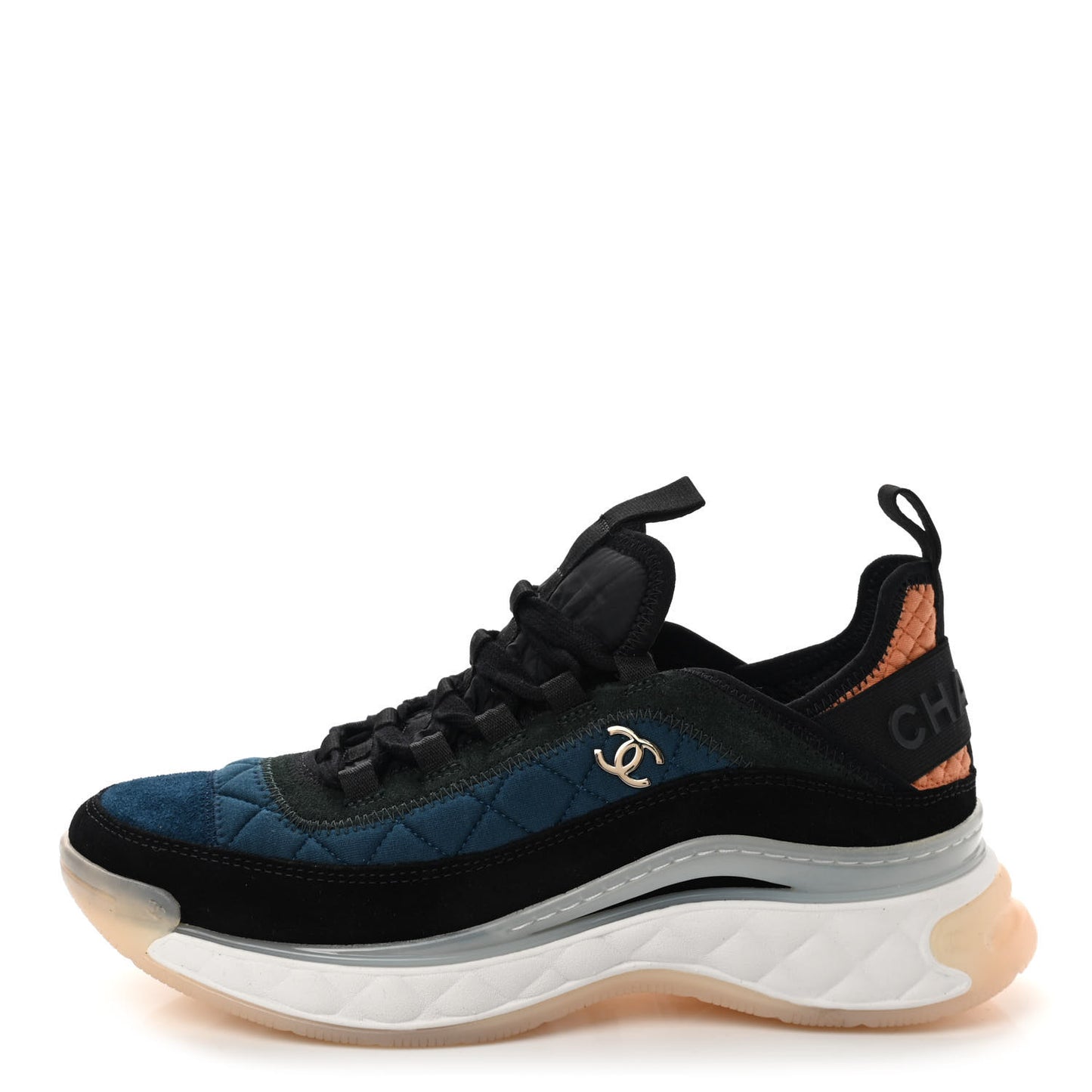 Fabric Suede Calfskin CC Sneakers 37.5 Dark Blue Dark Green Light Orange