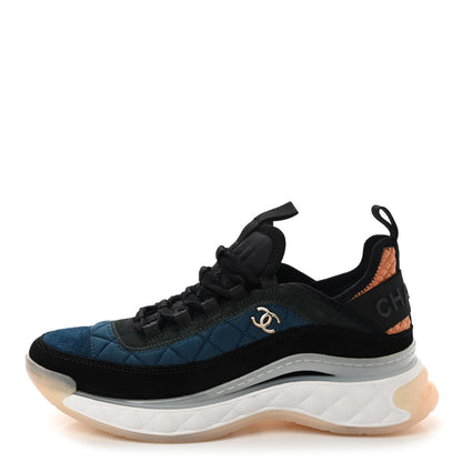 Chanel Fabric Suede Calfskin CC Sneakers 37.5 Dark Blue Dark Green Light Orange 1 of 11