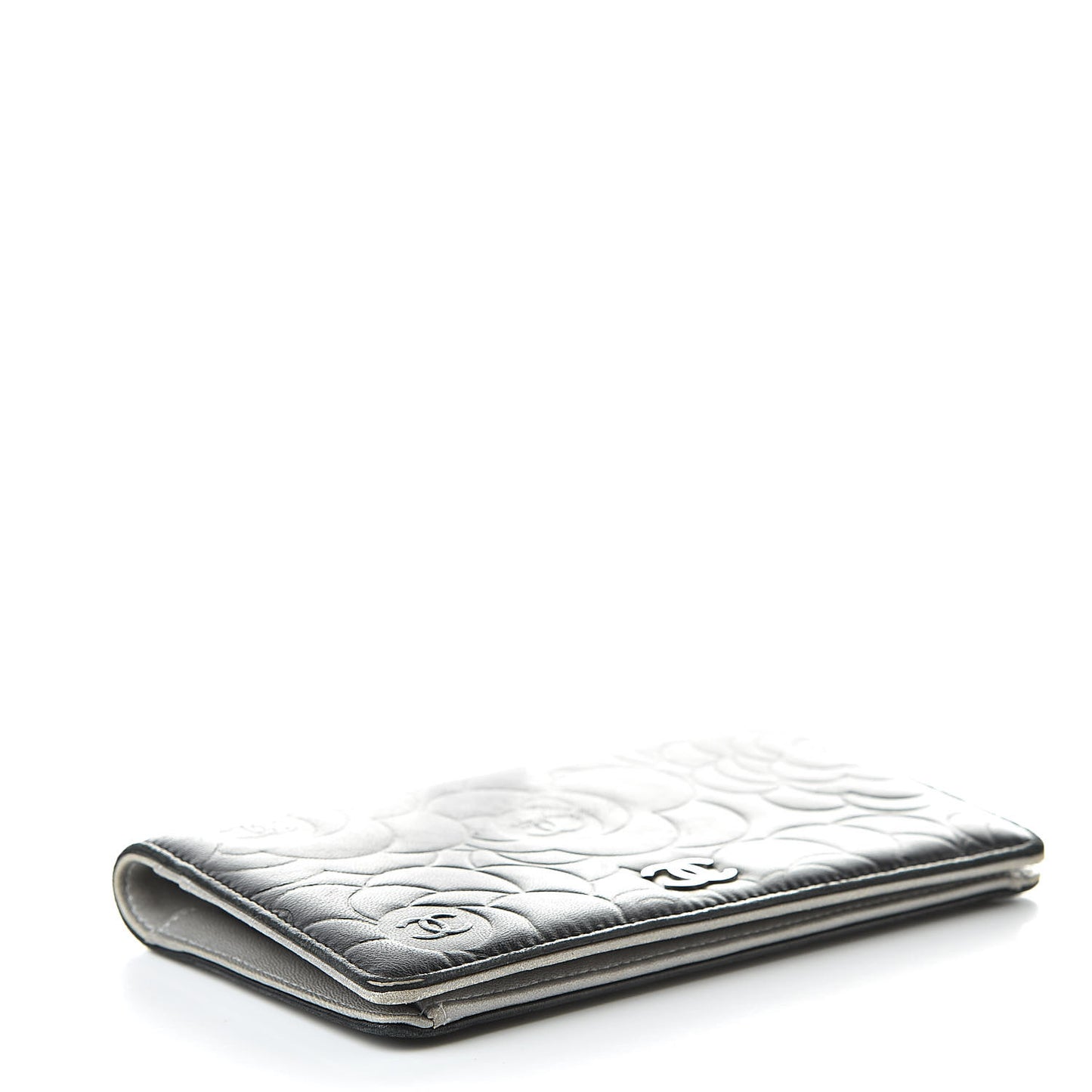 Lambskin Camellia Embossed Yen Wallet Black