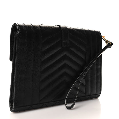 Saint Laurent SAINT LAURENT Grain De Poudre Matelasse Chevron Monogram Envelope Clutch Black 3 of 11