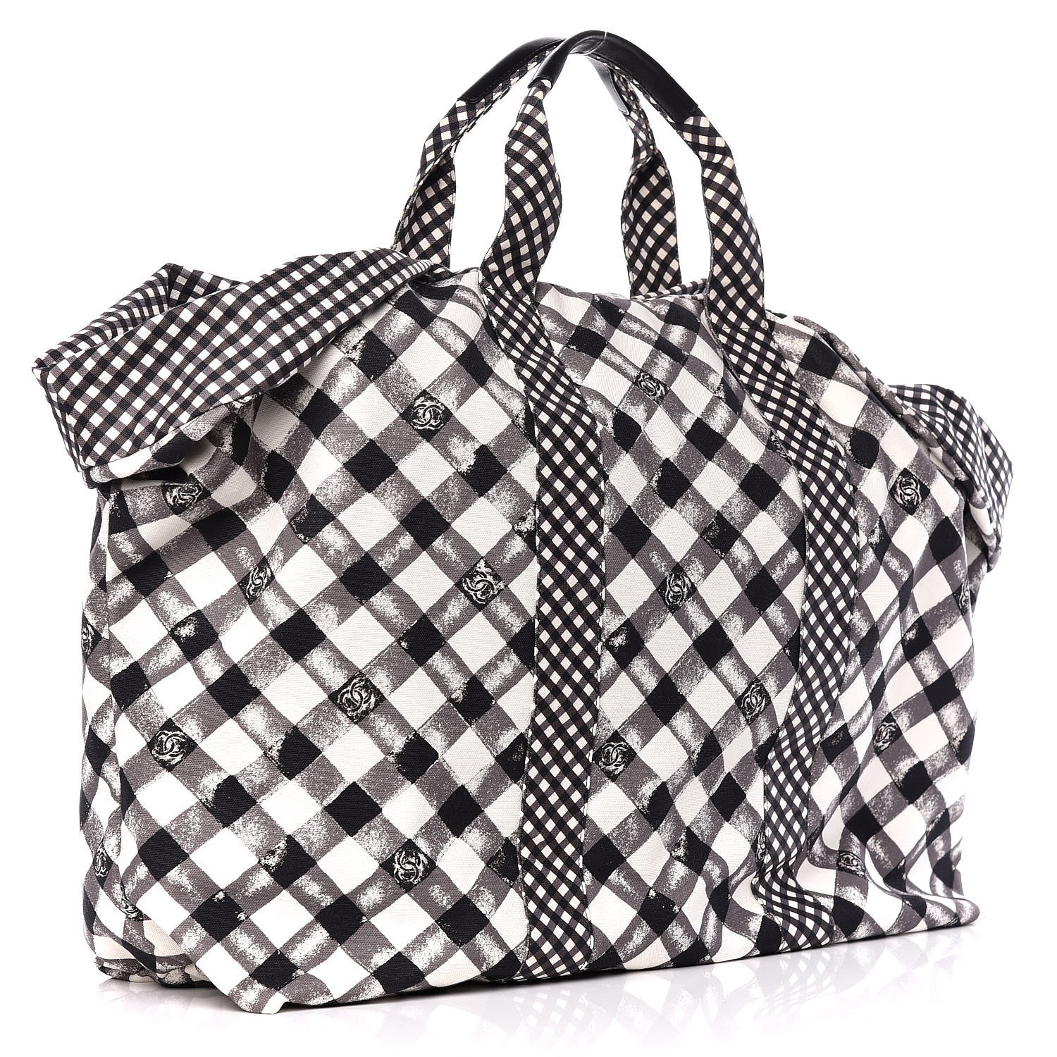 Chanel Canvas Gingham Printed CC Tote Black White 3 of 9