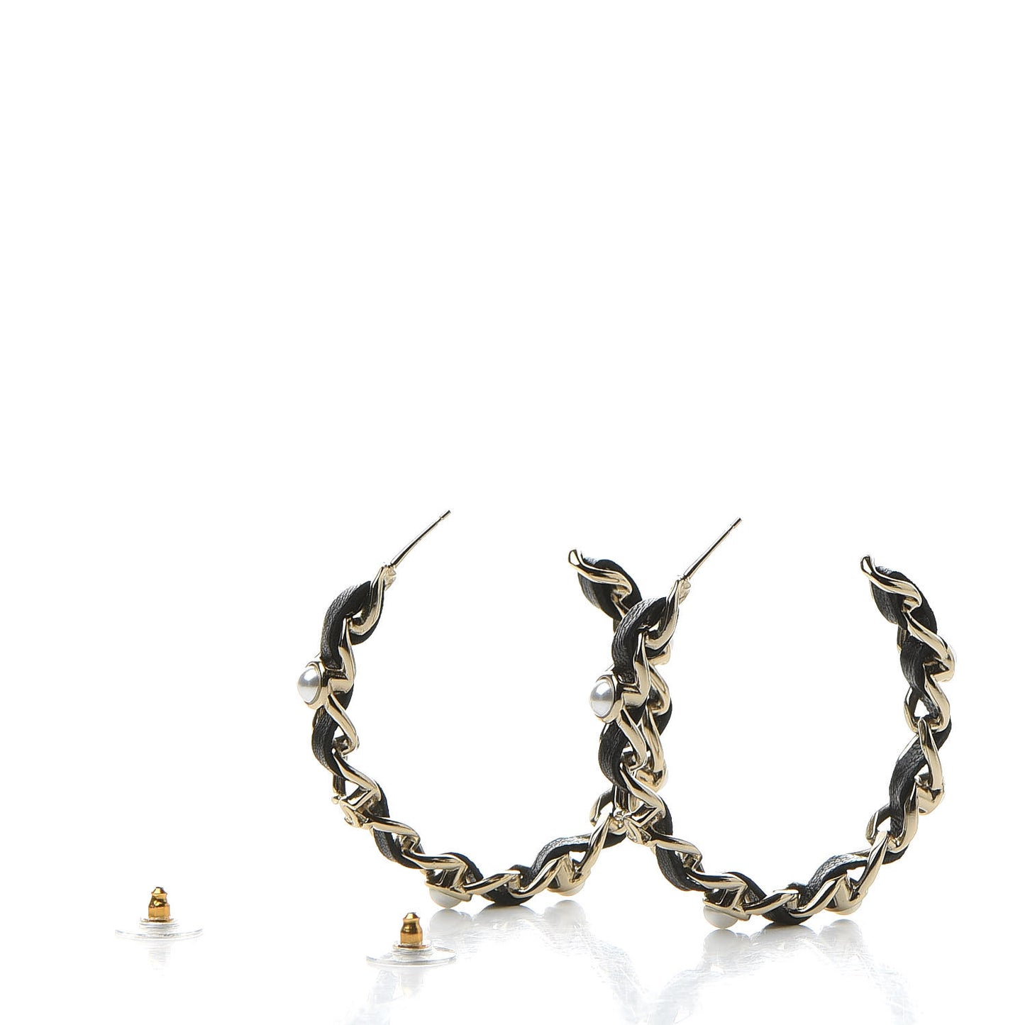 Lambskin Pearl CC Chain Hoop Earrings Gold Black