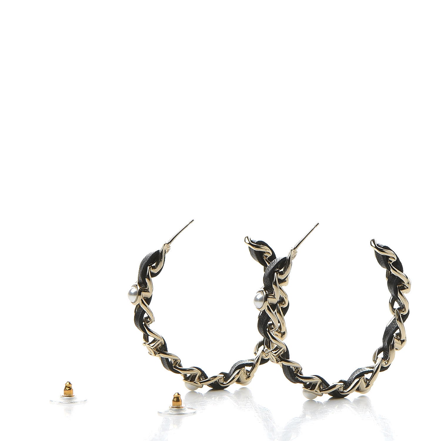 Chanel Lambskin Pearl CC Chain Hoop Earrings Gold Black 3 of 5