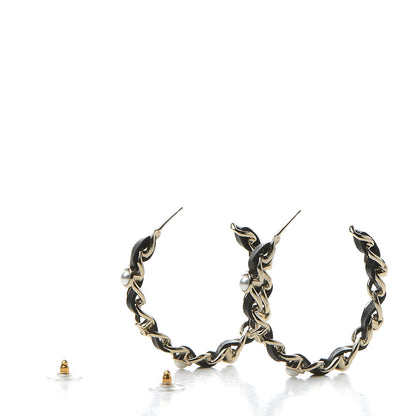 Chanel Lambskin Pearl CC Chain Hoop Earrings Gold Black 3 of 5