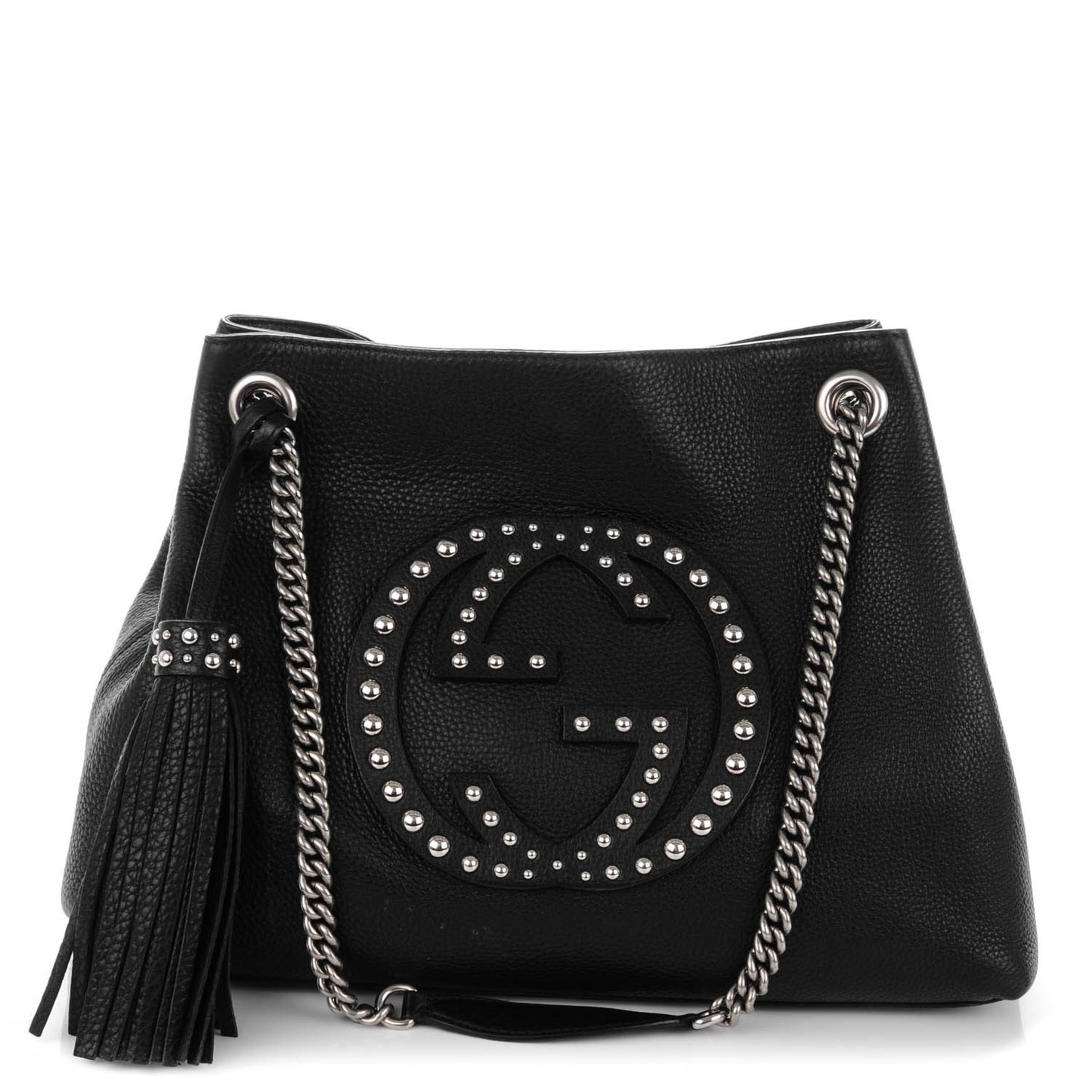Pebbled Calfskin Studded Medium Soho Chain Shoulder Bag Black