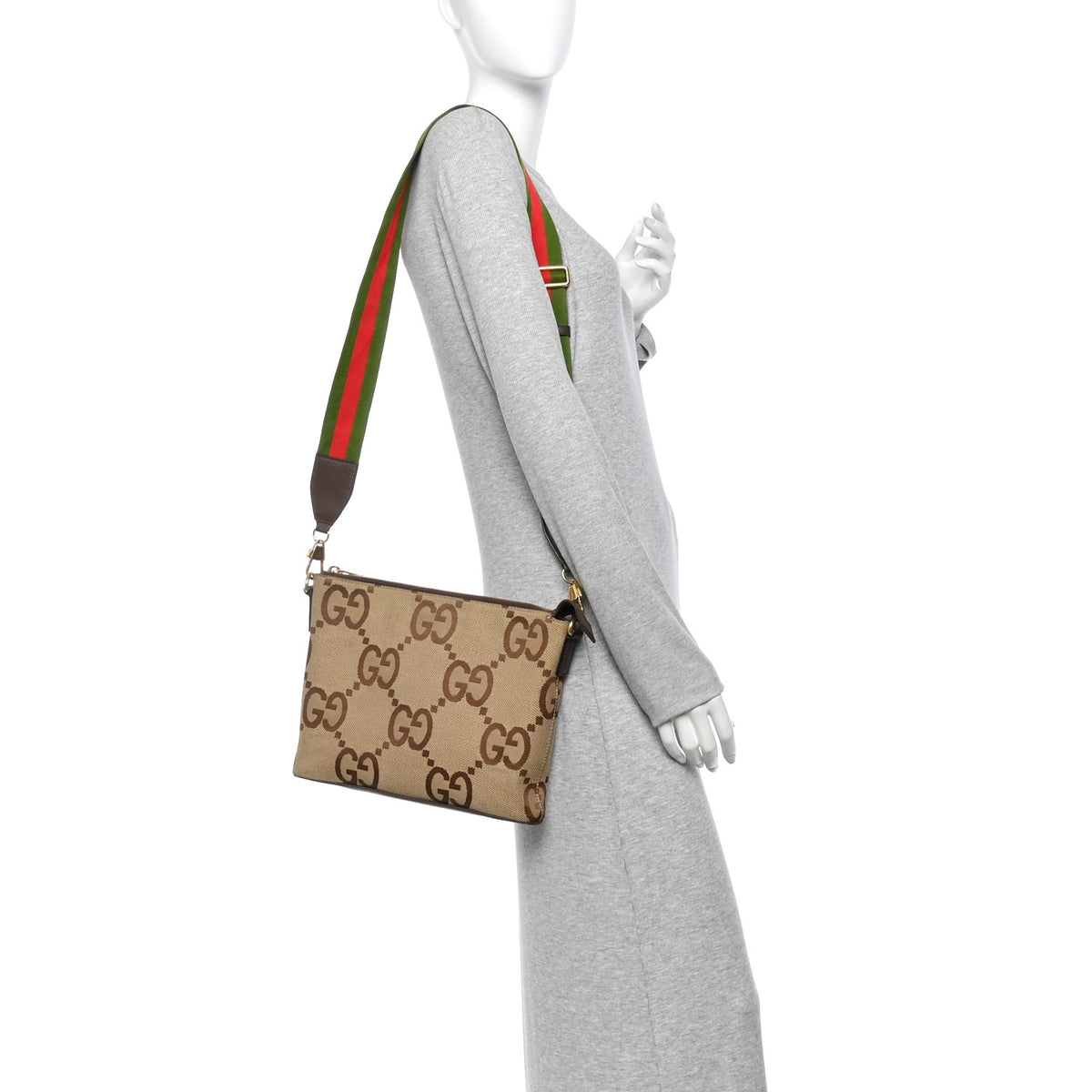 Monogram Jumbo GG Textured Dollar Calfskin Web Wristlet Messenger Bag Camel Ebony New Acero