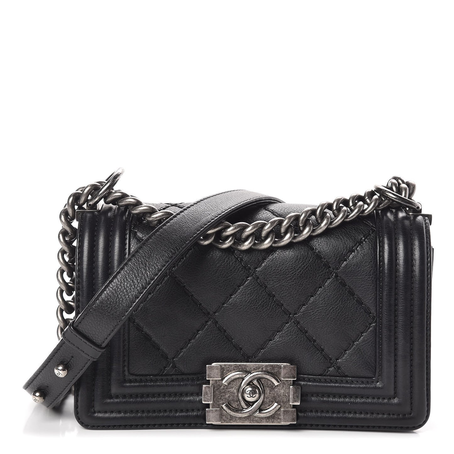 Calfskin Double Stitch Small Boy Flap Black