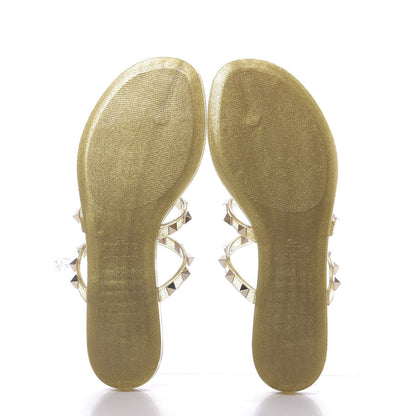 Valentino Garavani PVC Jelly Glitter Rockstud Caged Flat Thong Sandals 36 Oro 6 of 9