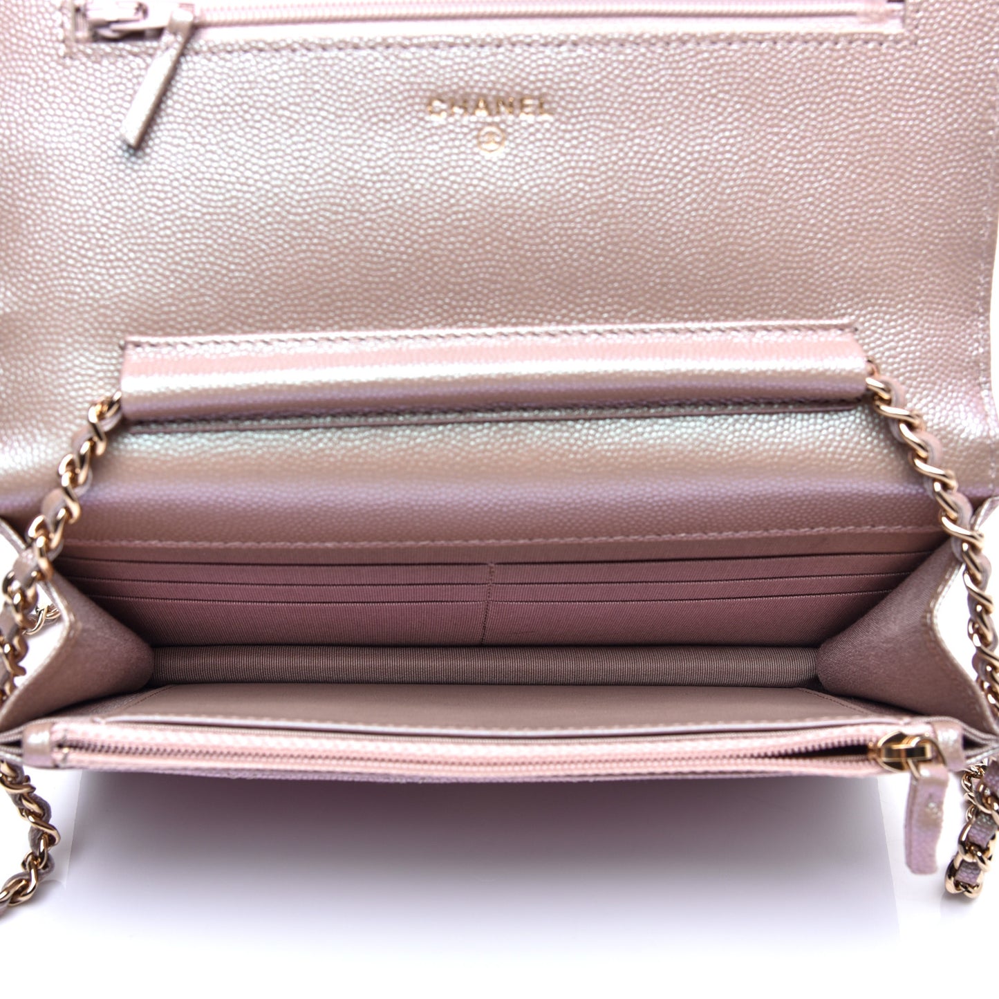 Iridescent Caviar Quilted Wallet On Chain WOC Beige