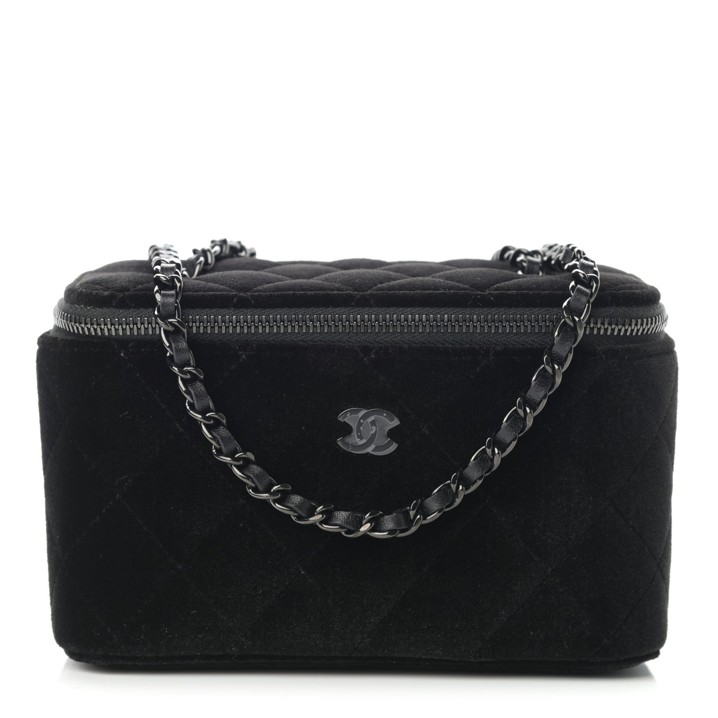 Velvet Quilted Small Vanity Case With Chain Black