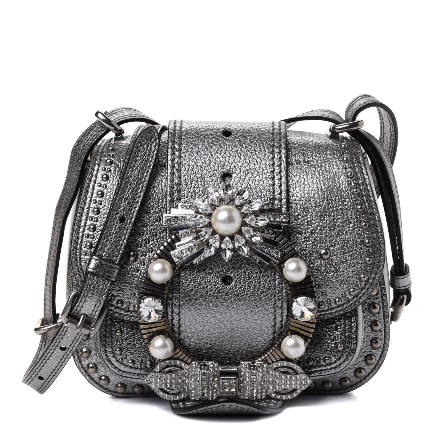 Miu Miu Goatskin Madras Soft Calfskin Crystal Embellished Dahlia Shoulder Bag Chrome 1 of 4
