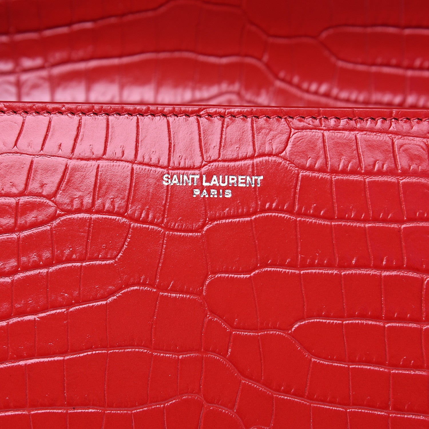 Saint Laurent Calfskin Crocodile Embossed Medium Classic Monogram Cassandra Top Handle Red 6 of 9