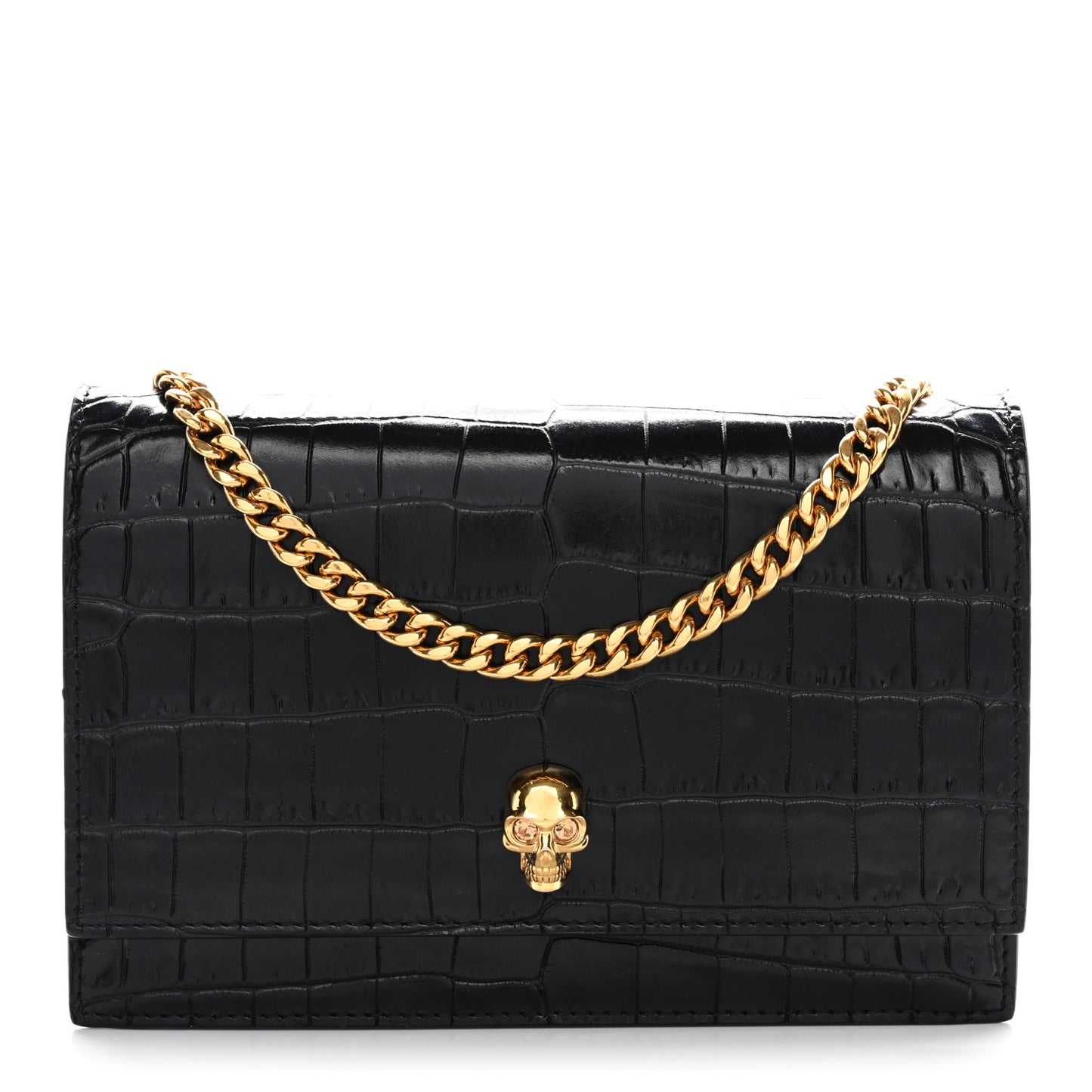 Calfskin Crocodile Embossed Skull Mini Crossbody Bag Black
