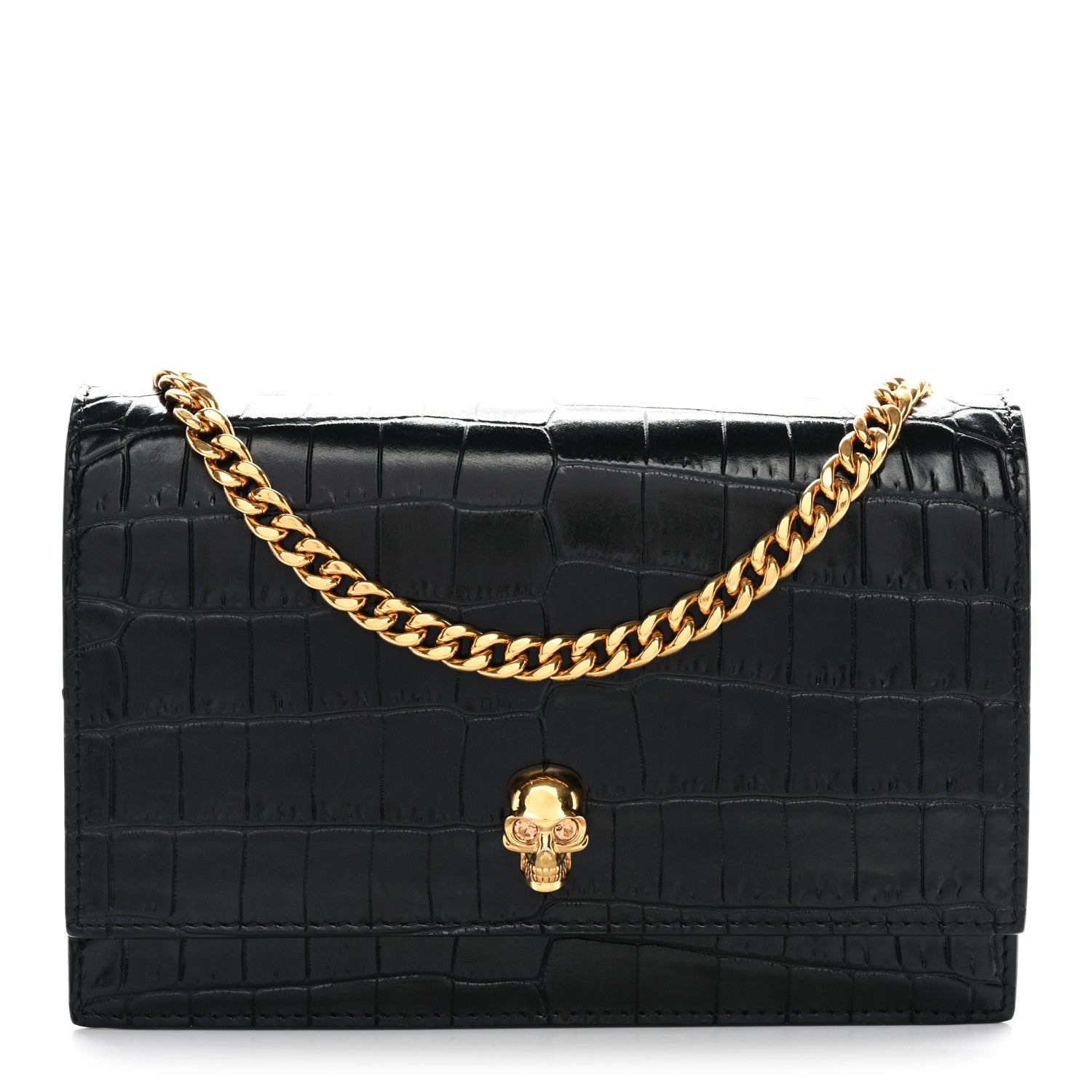 Alexander McQueen Calfskin Crocodile Embossed Skull Mini Crossbody Bag Black 1 of 9