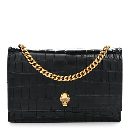 Alexander McQueen Calfskin Crocodile Embossed Skull Mini Crossbody Bag Black 1 of 9