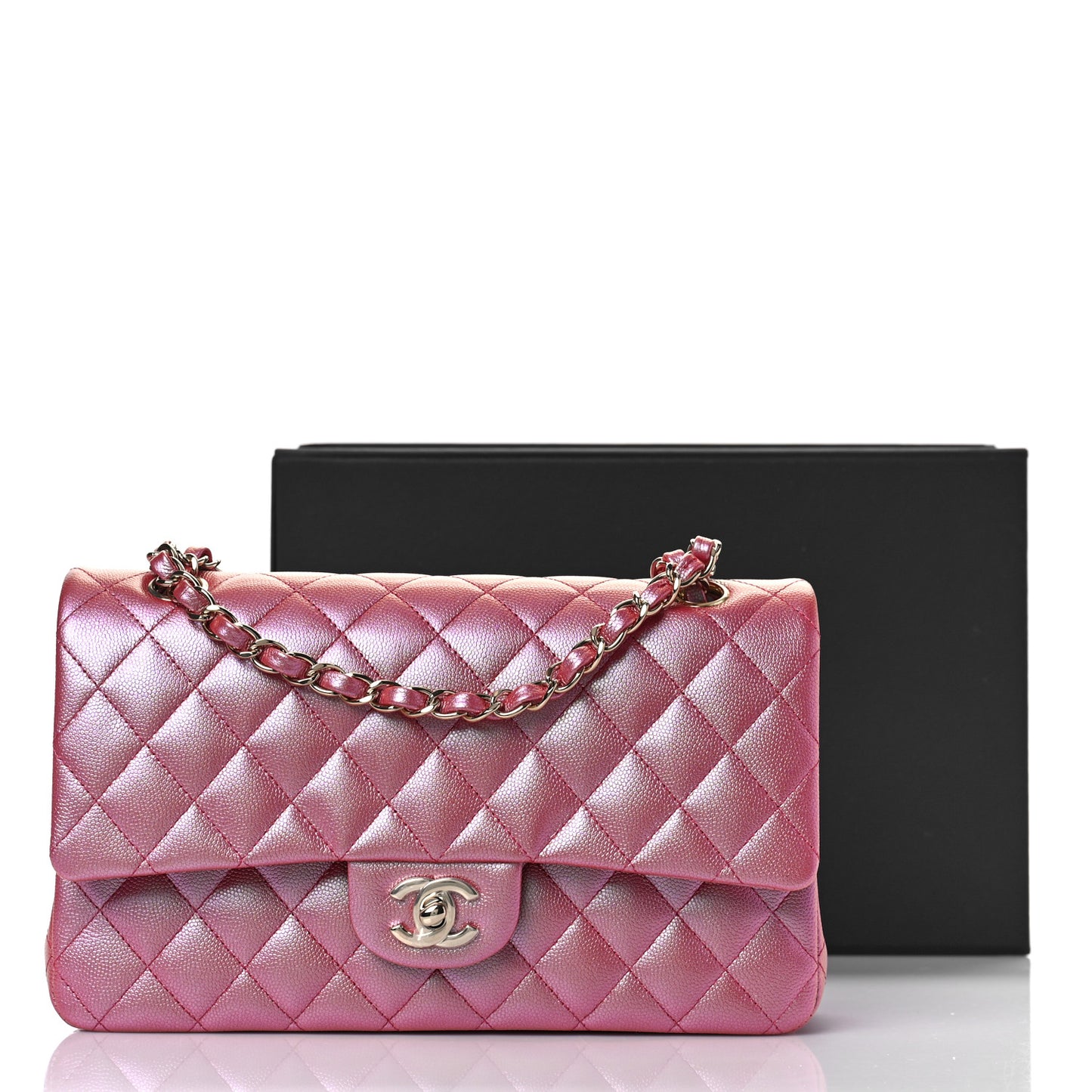 Iridescent Caviar Quilted Medium Double Flap Pink