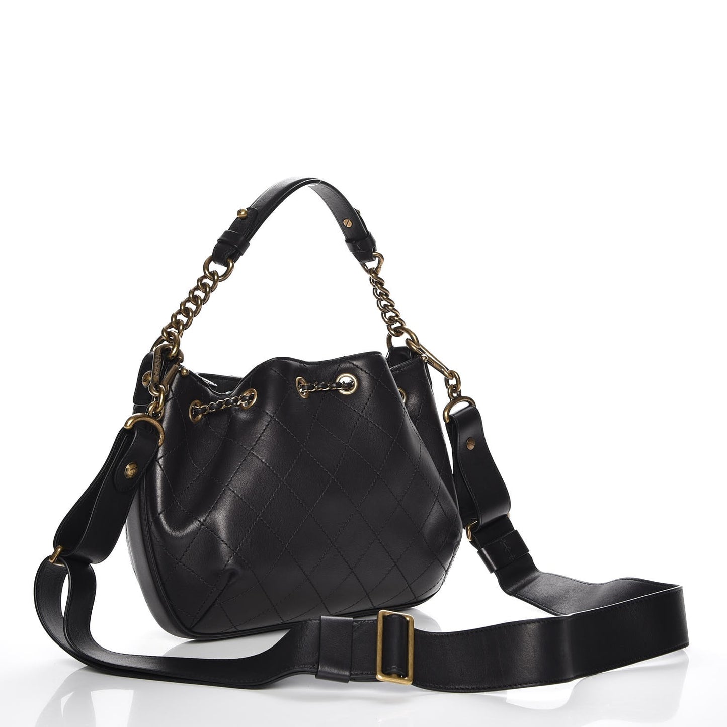 Calfskin Stitched Small Paris Rome Drawstring CC Bag Black