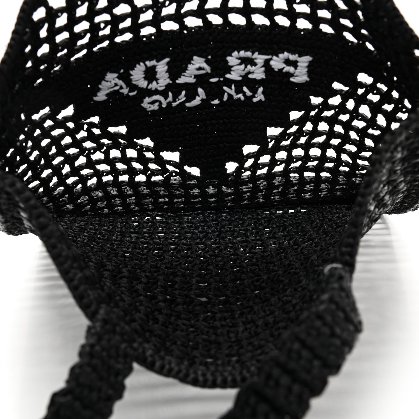 Yarn Raffia Effect Crochet Logo Embroidered Tote Bag Black