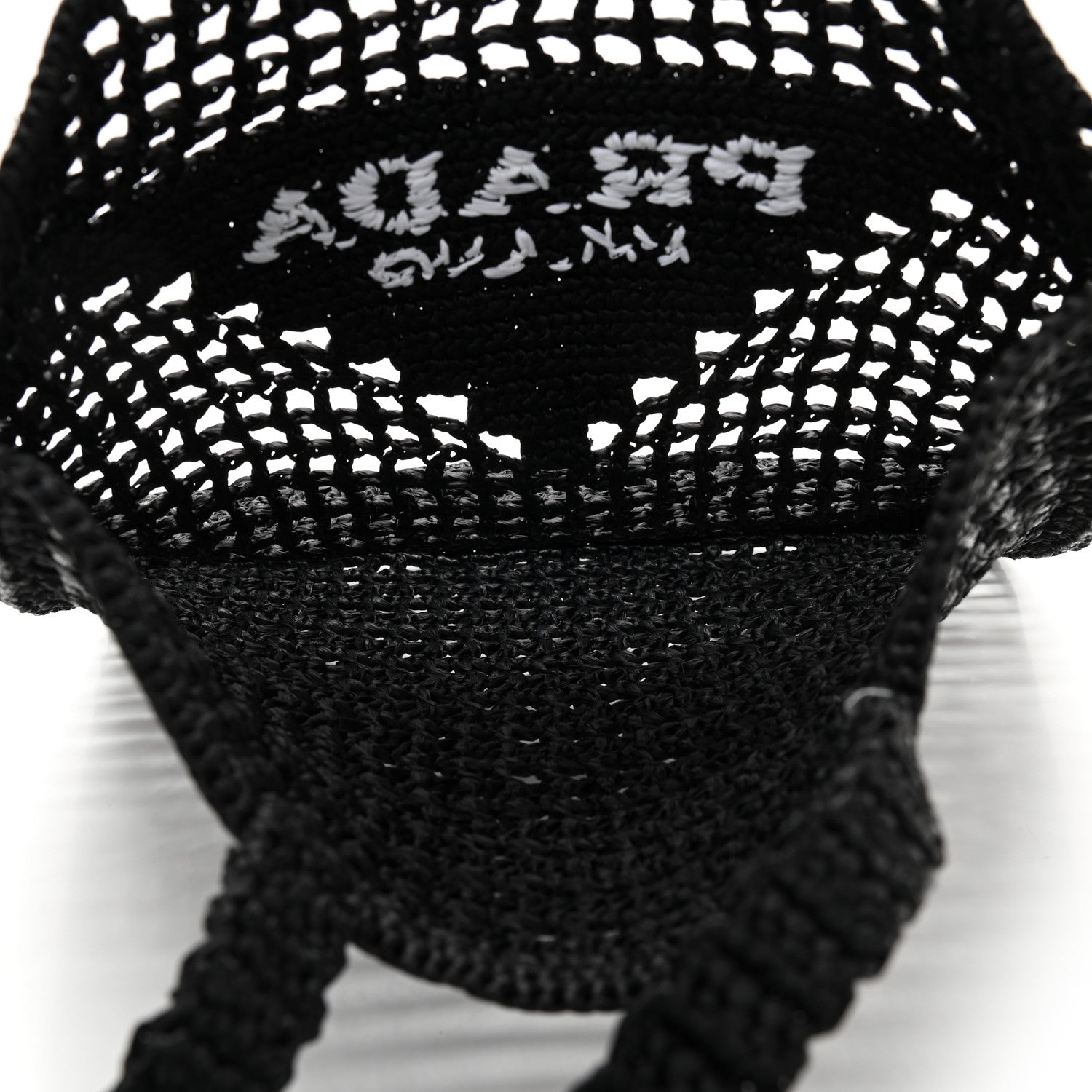 Prada Yarn Raffia Effect Crochet Logo Embroidered Tote Bag Black 5 of 10