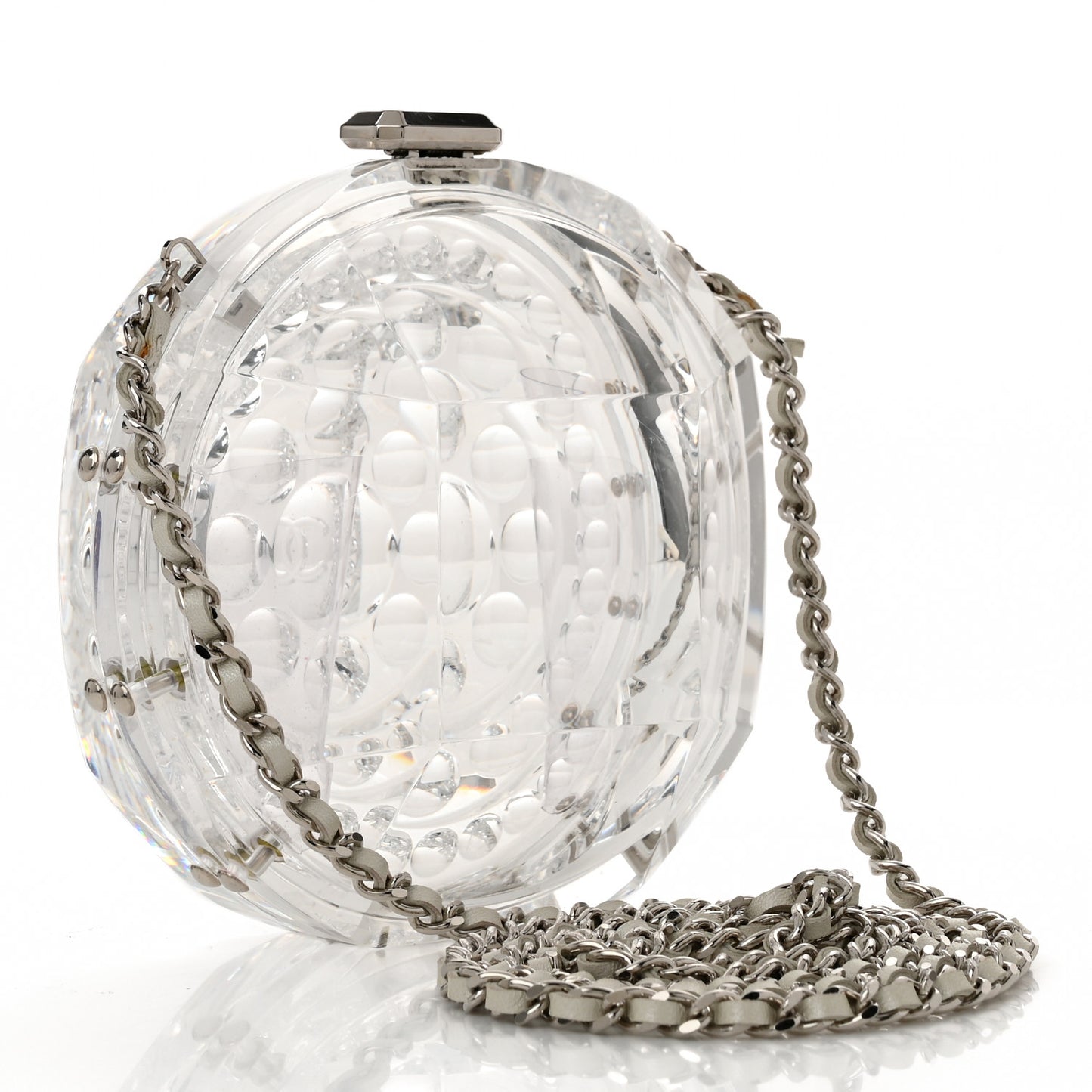 Transparent Lucite Round CC Minaudiere Clutch White