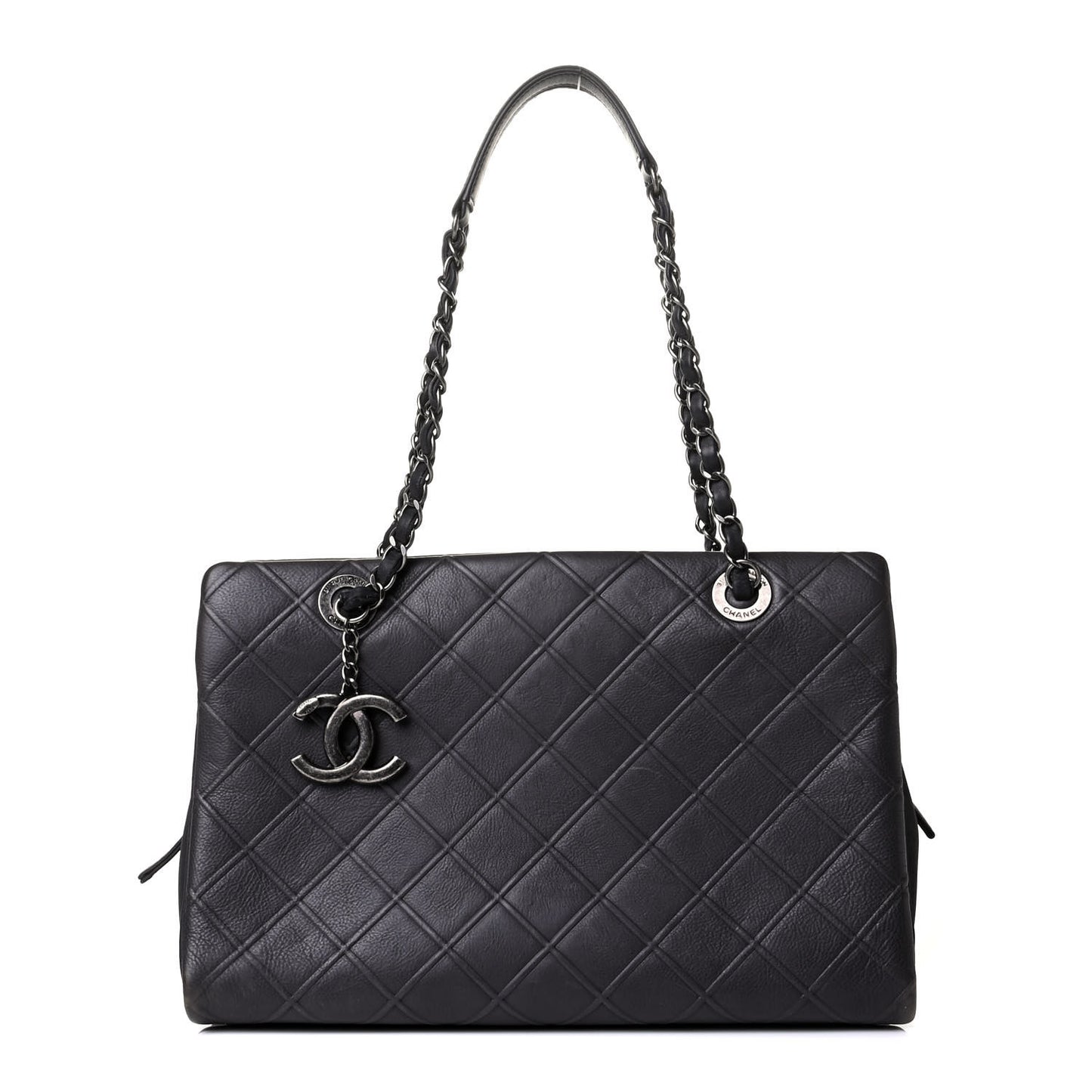 Calfskin Diamond Embossed Large CC Zip Shopping Tote Grey
