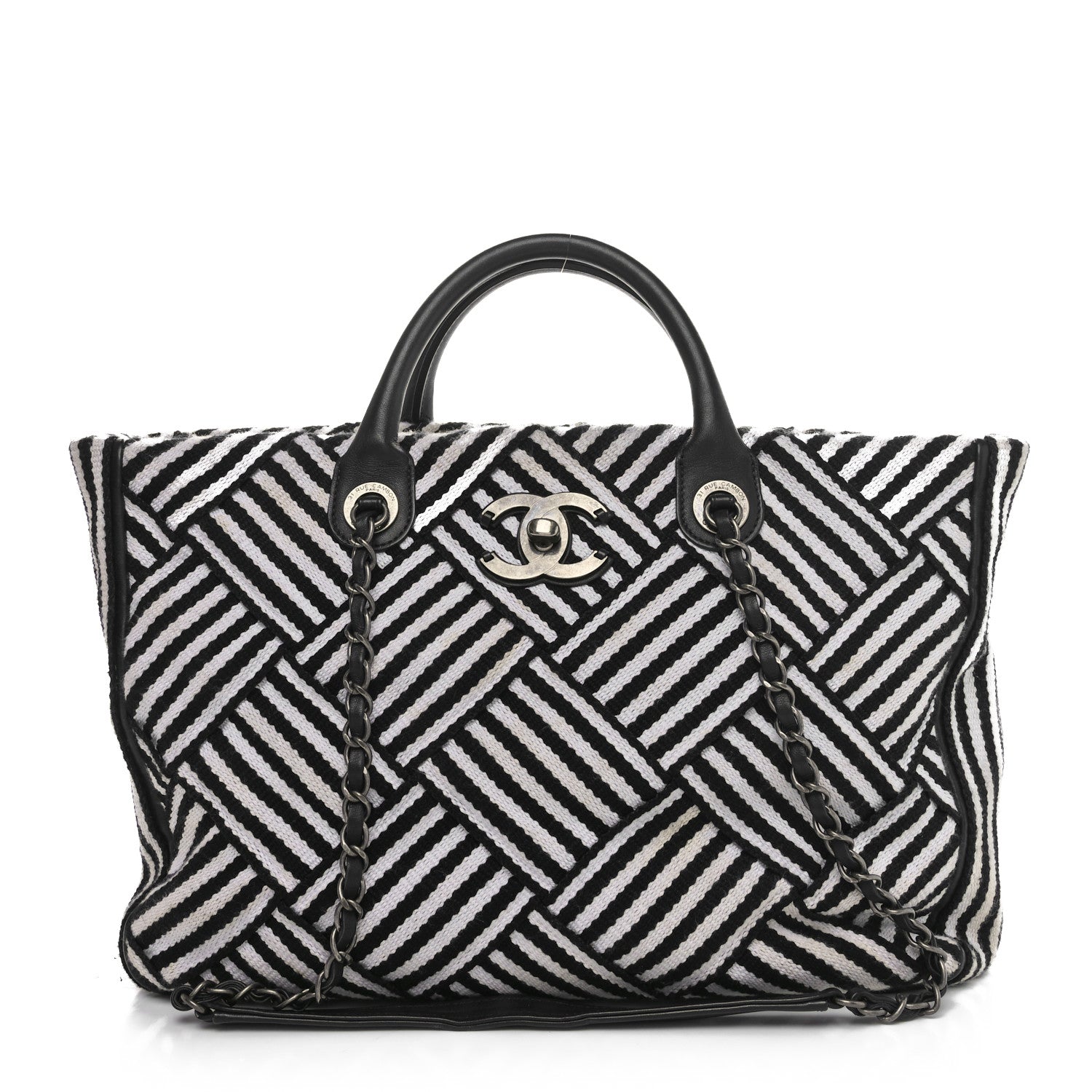 Chanel Woven Canvas Large Easy Shopping Tote Black White 1 of 10