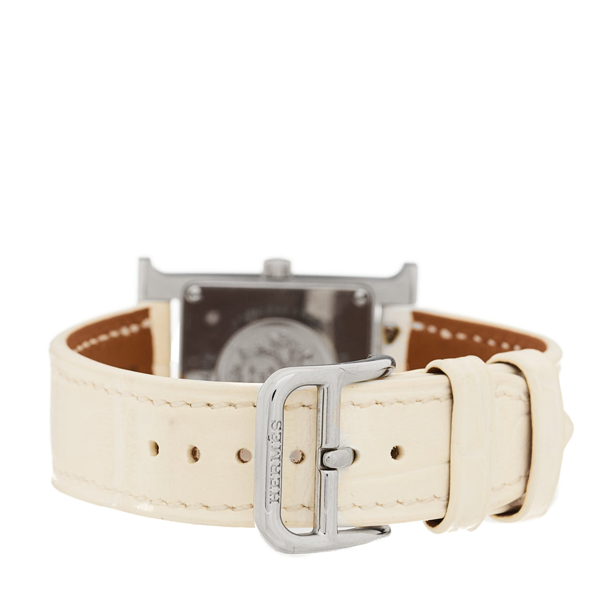 Hermes Stainless Steel Alligator Diamond Bezel Mother of Pearl 21mm Heure H Hour Quartz Watch Blanc 3 of 5