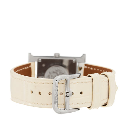 Hermes Stainless Steel Alligator Diamond Bezel Mother of Pearl 21mm Heure H Hour Quartz Watch Blanc 3 of 5