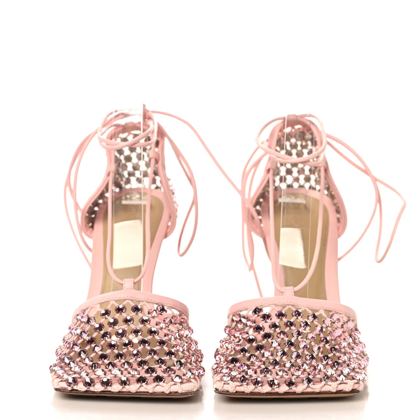 Mesh Nappa Crystal Embellished Sparkle Stretch Ankle Tie 90mm Sandals 38 Camellia