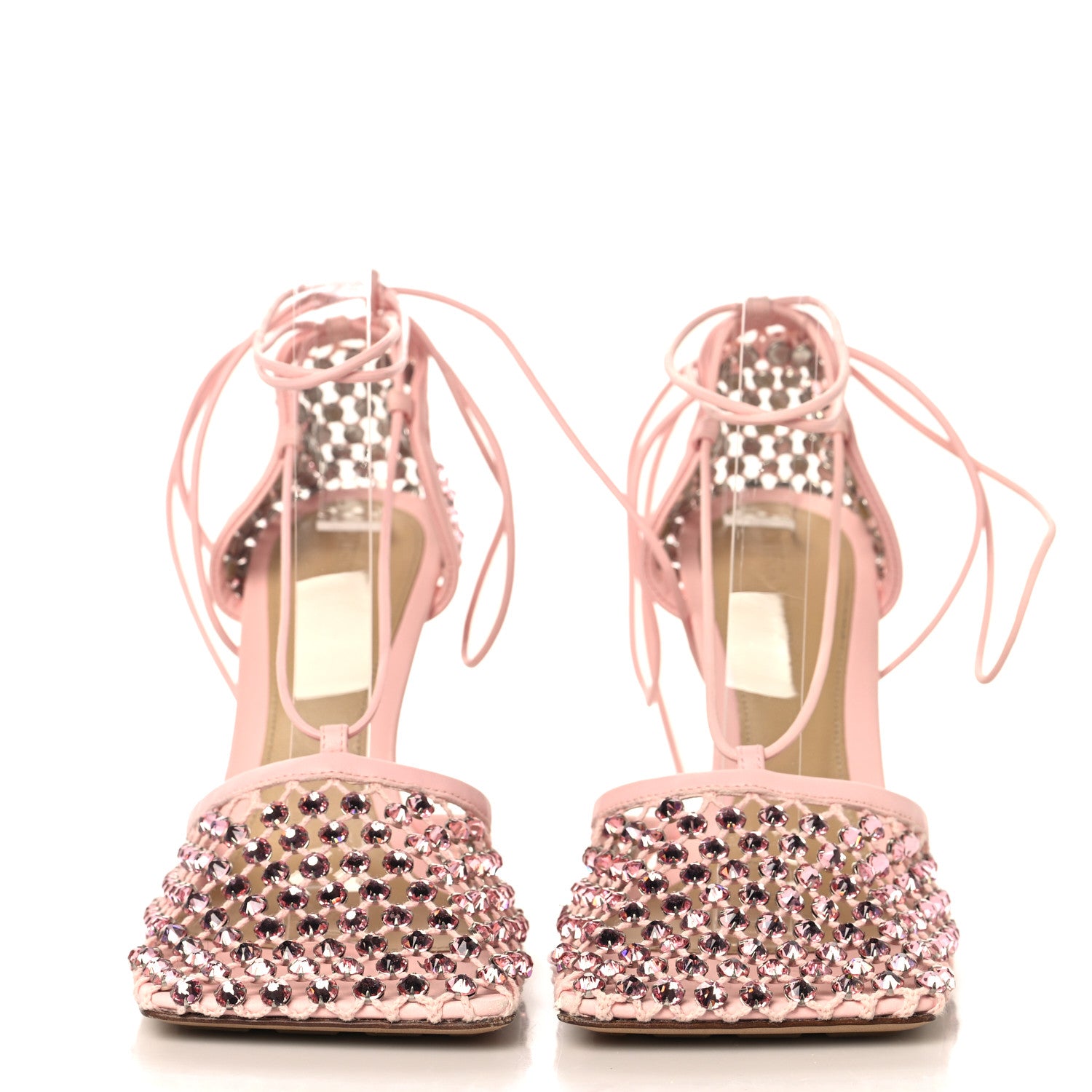 Bottega Veneta Mesh Nappa Crystal Embellished Sparkle Stretch Ankle Tie 90mm Sandals 38 Camellia 3 of 9