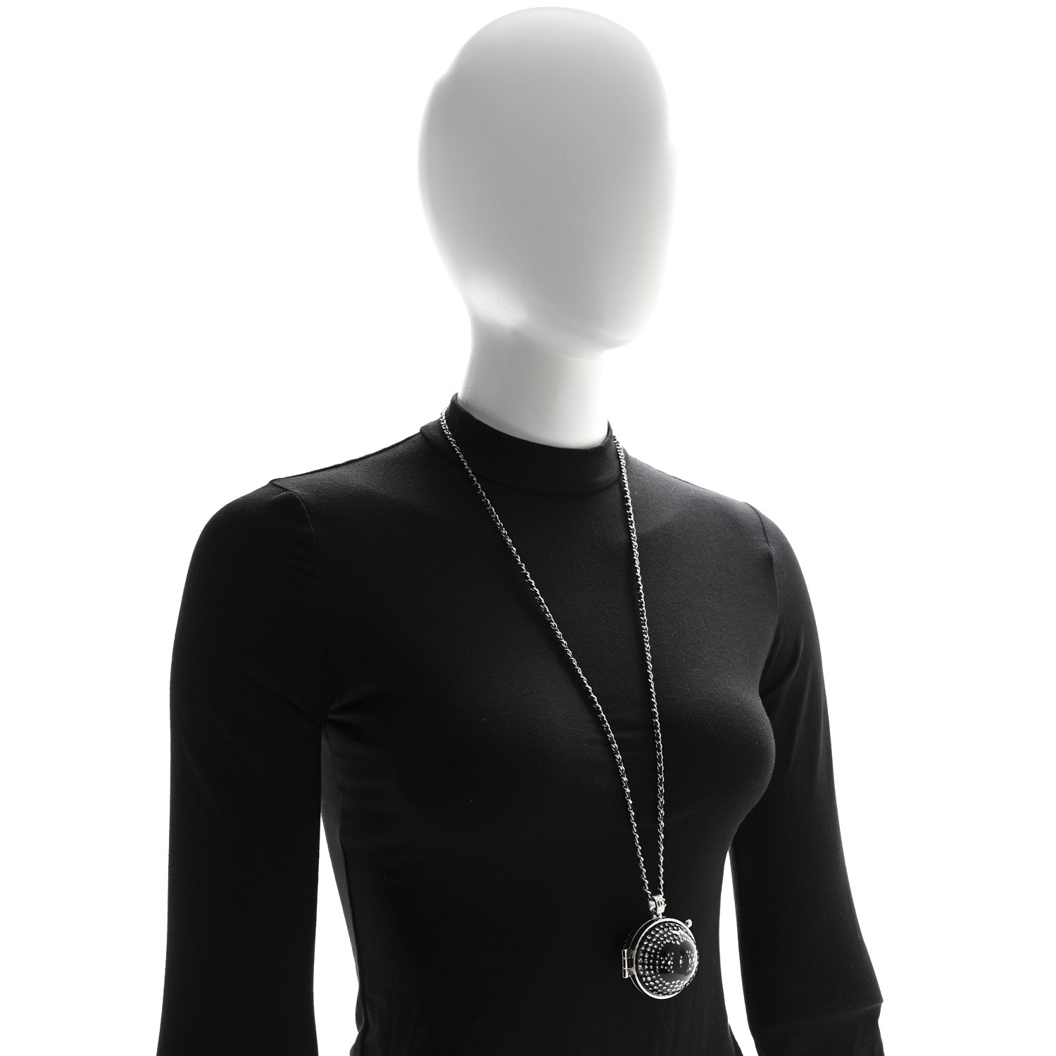 Chanel Resin Crystal Lambskin Ball Mirror Necklace Black Silver 2 of 7