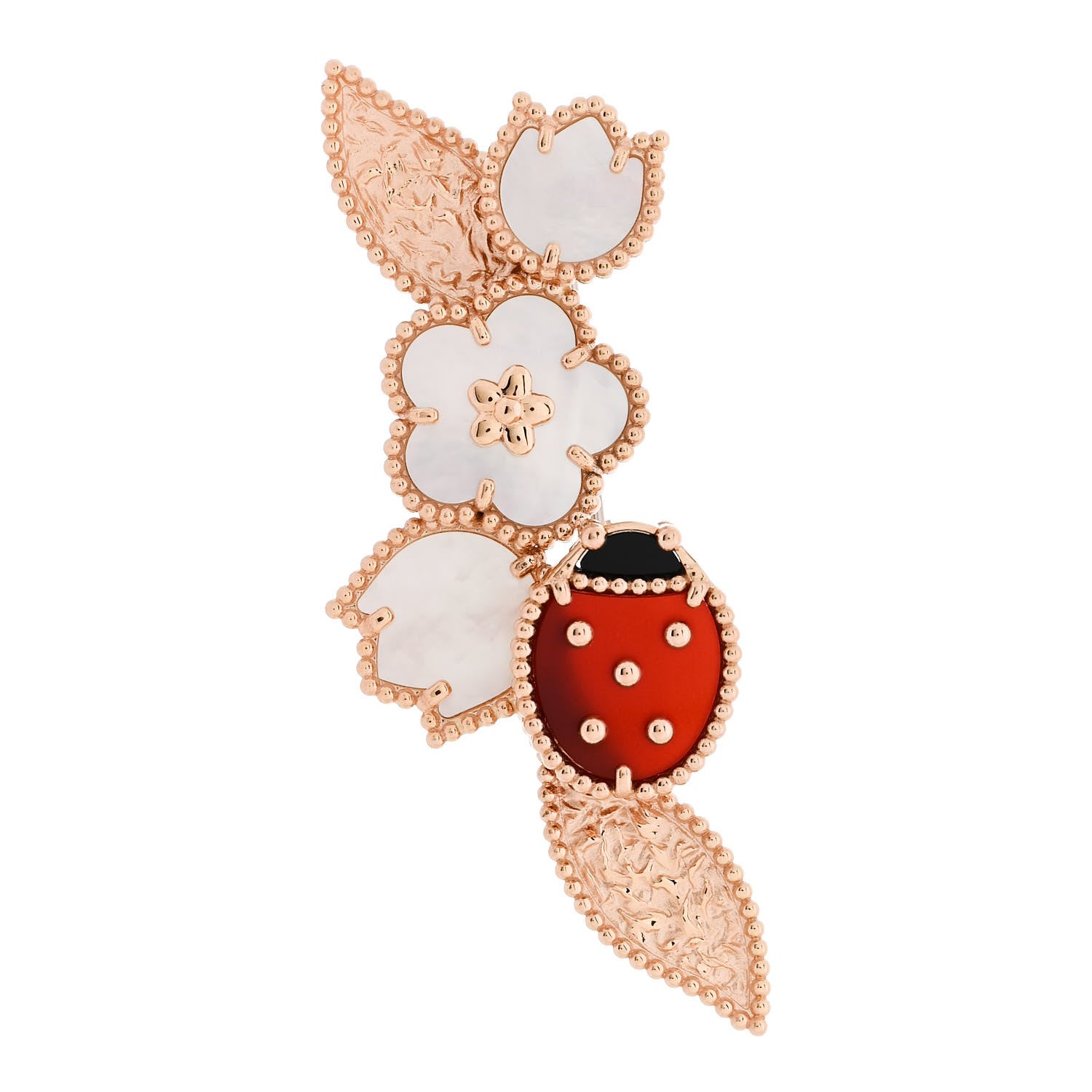 Van Cleef & Arpels 18K Rose Gold Mother of Pearl Carnelian Black Onyx Lucky Spring Brooch 1 of 5