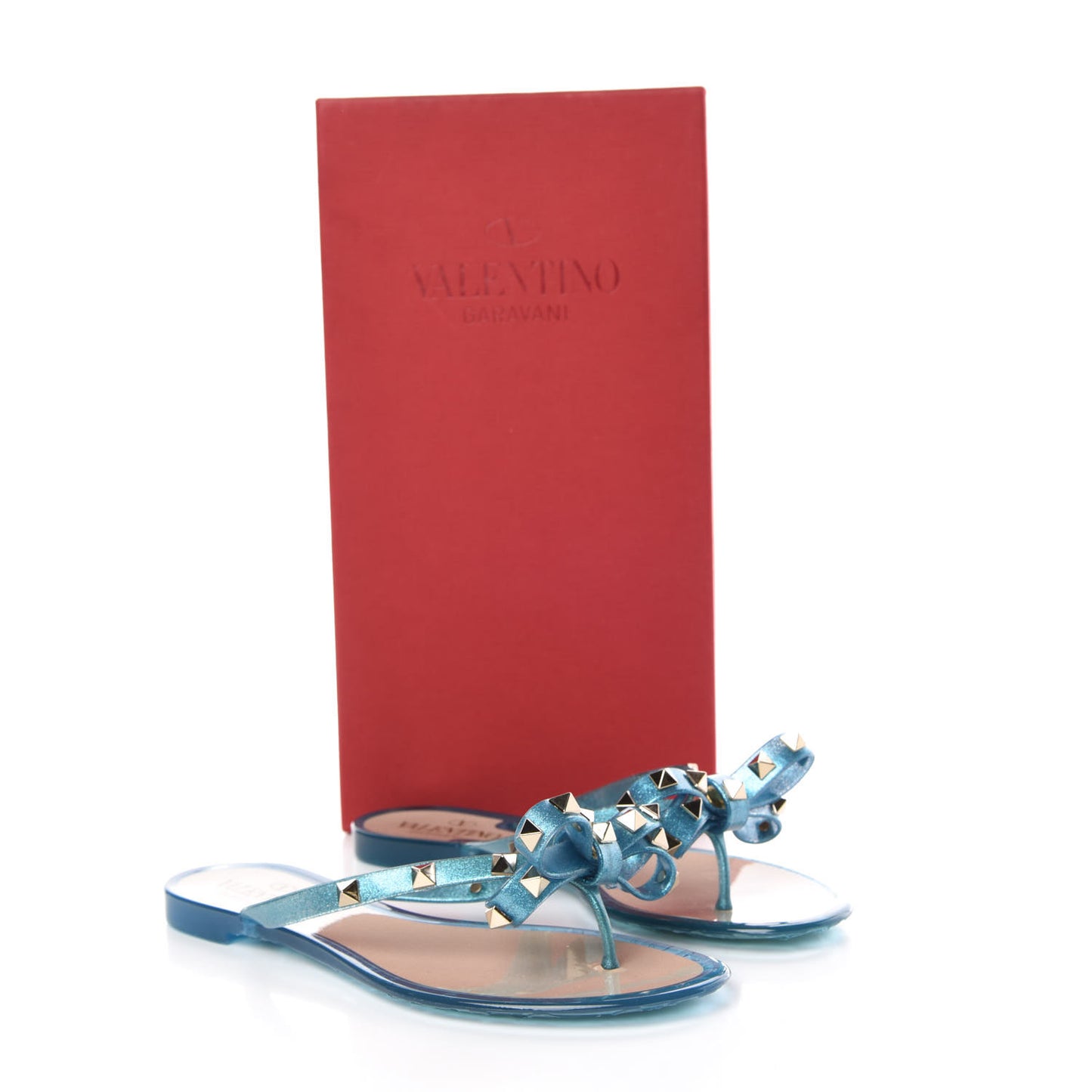 PVC Jelly Glitter Rockstud Bow Thong Sandals 36 Cerulean