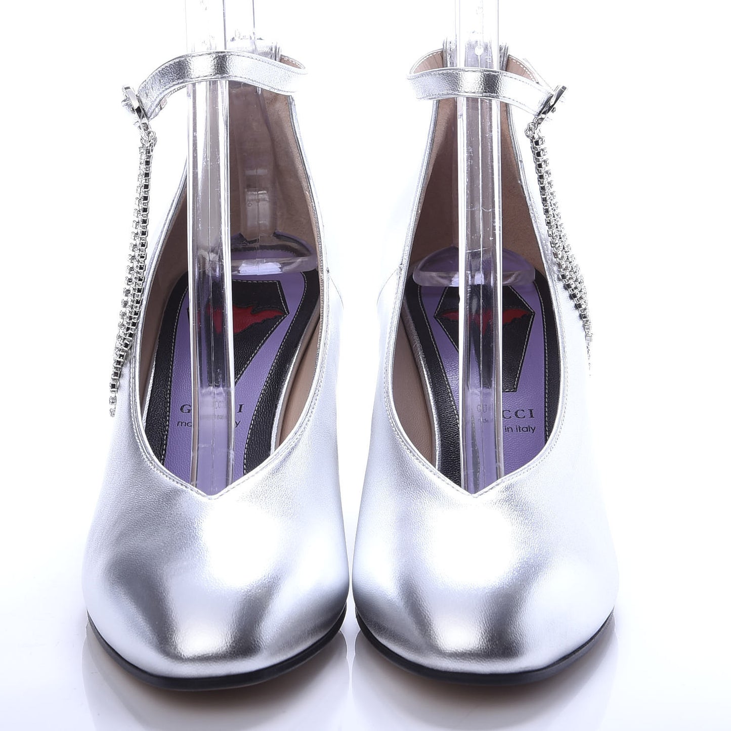 Metallic Nappa Crystal Square G Mid Heel Pumps 37 Silver
