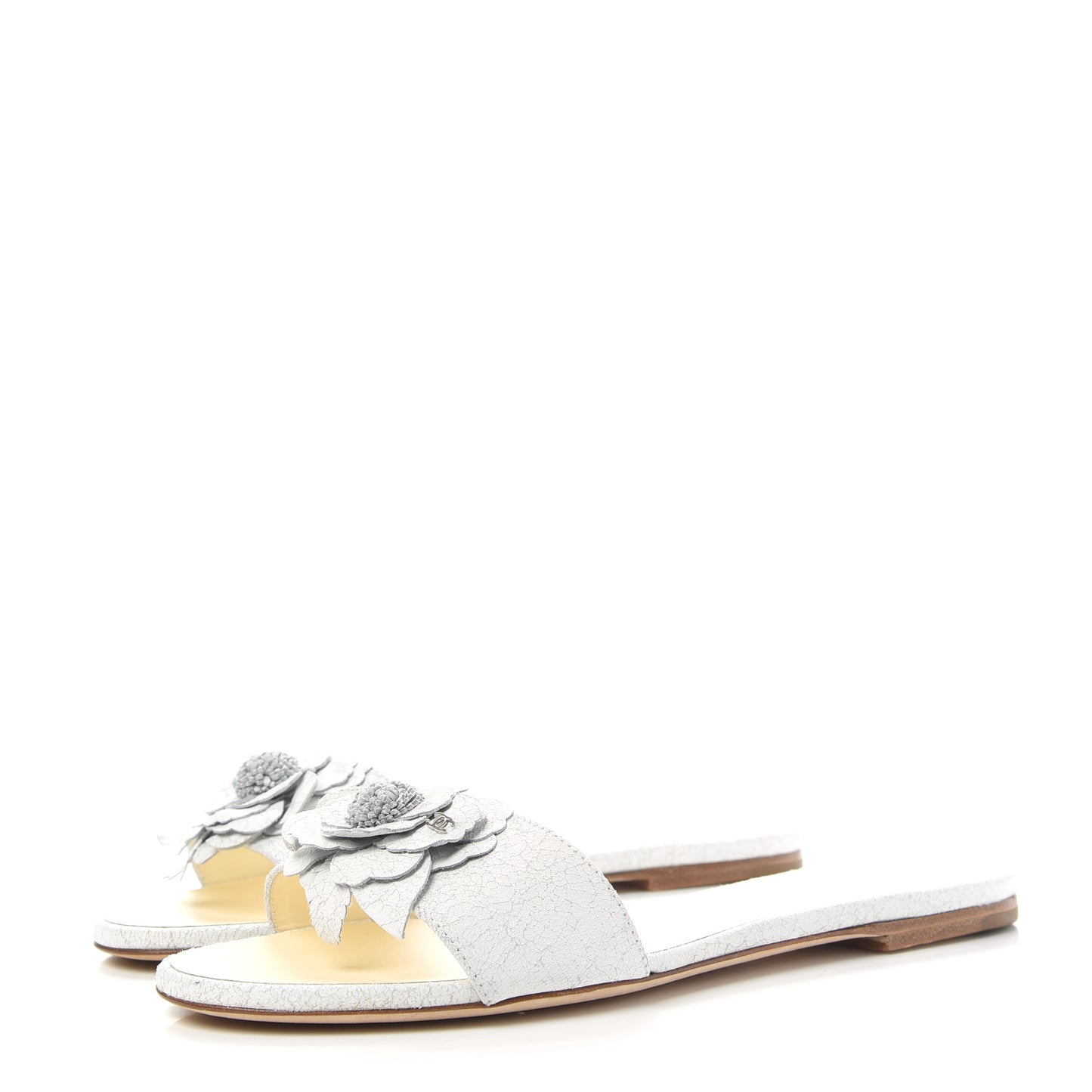 Crackled Lambskin Camellia Sandal Mule 38 White