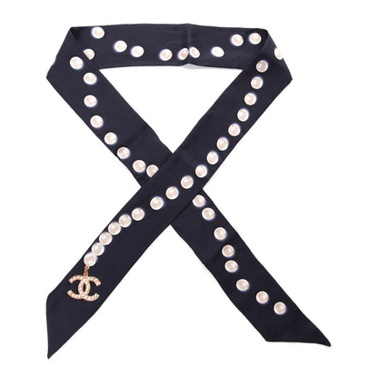 Chanel Silk Pearl CC Slim Bandeau Scarf Navy 1 of 7