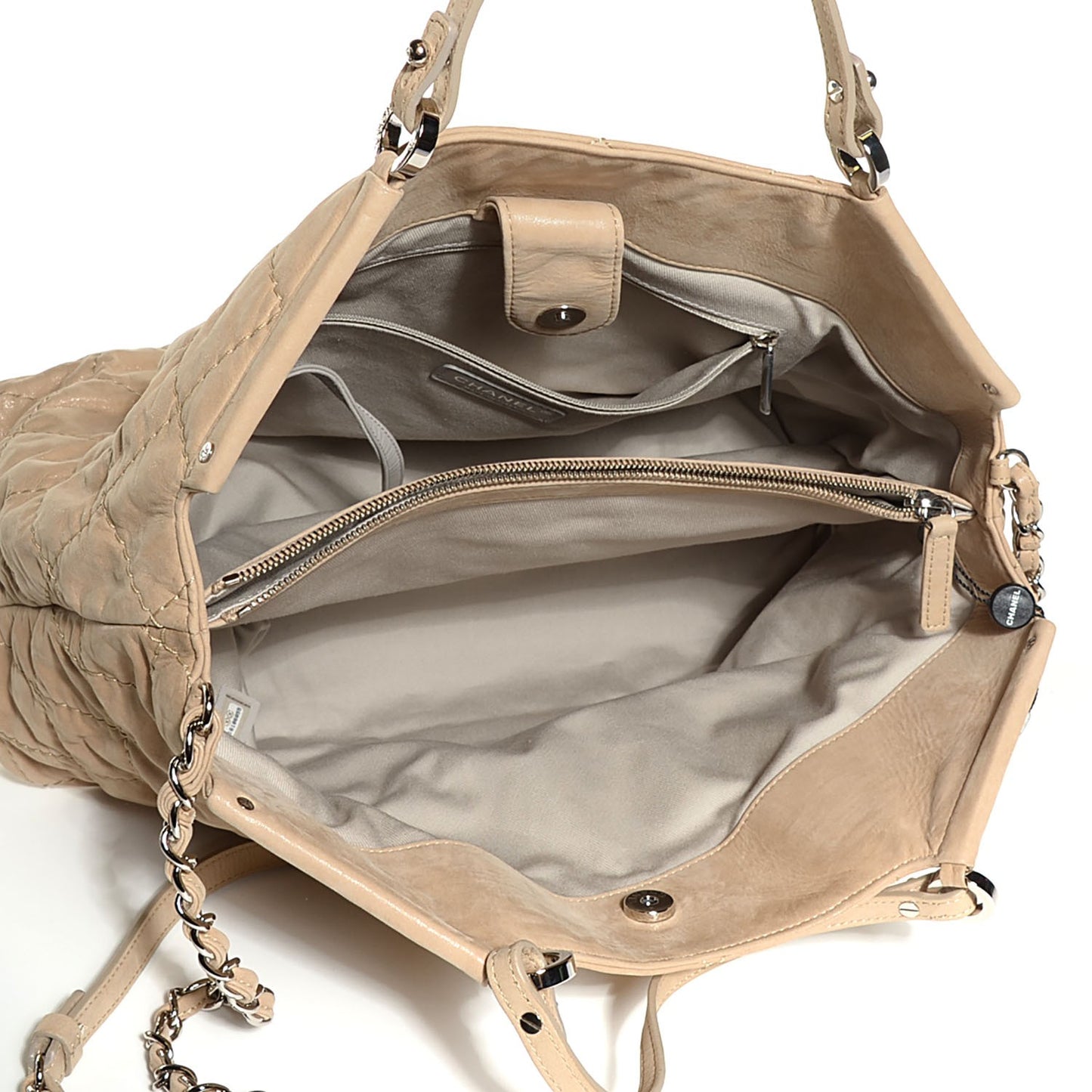 Iridescent Calfskin Quilted Large Sea Hit Tote Beige Clair