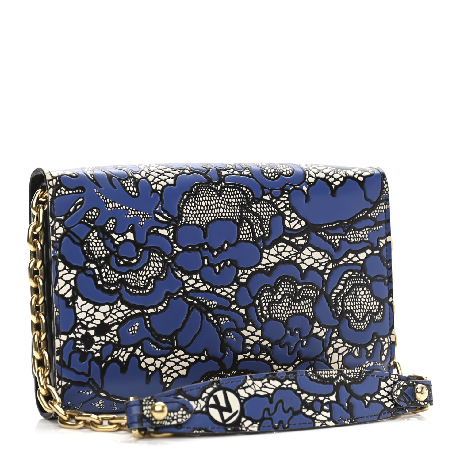 Louis Vuitton Calfskin Lace Flower Inlay Twist Chain Wallet Navy Black 3 of 9