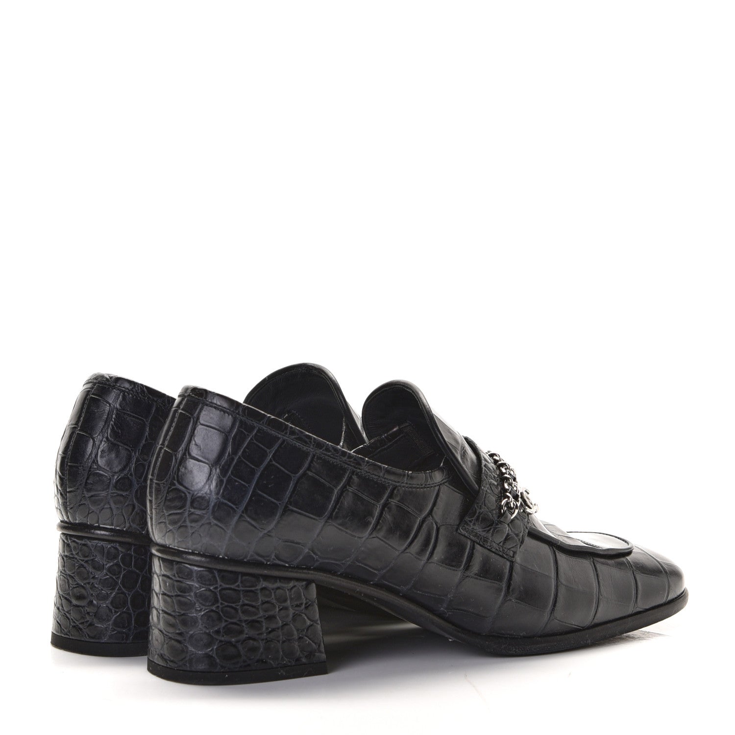 Chanel Calfskin Crocodile Embossed CC Chain Mocassin Loafers 40 Navy 4 of 11