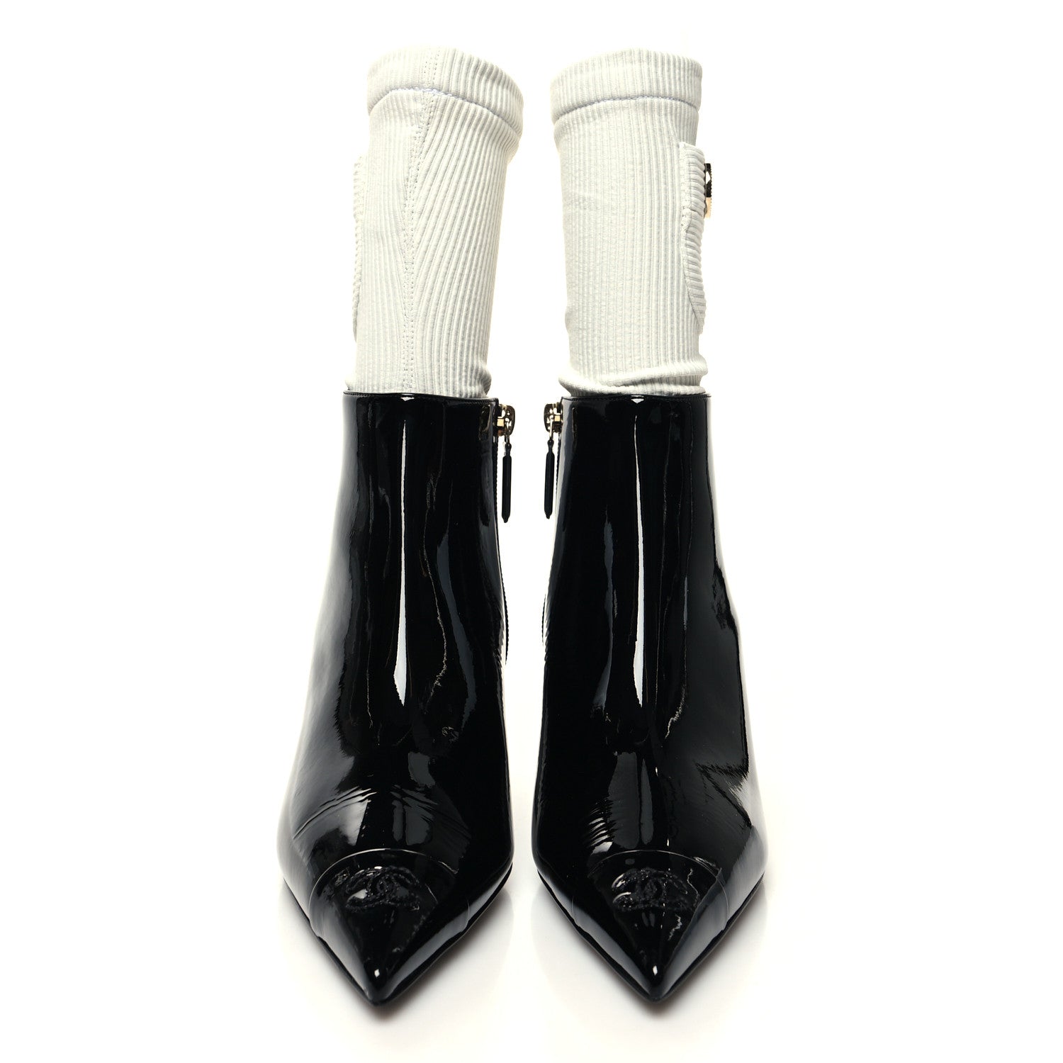 Chanel Patent Knit Wedge Ankle Boots 38.5 Black White 2 of 9