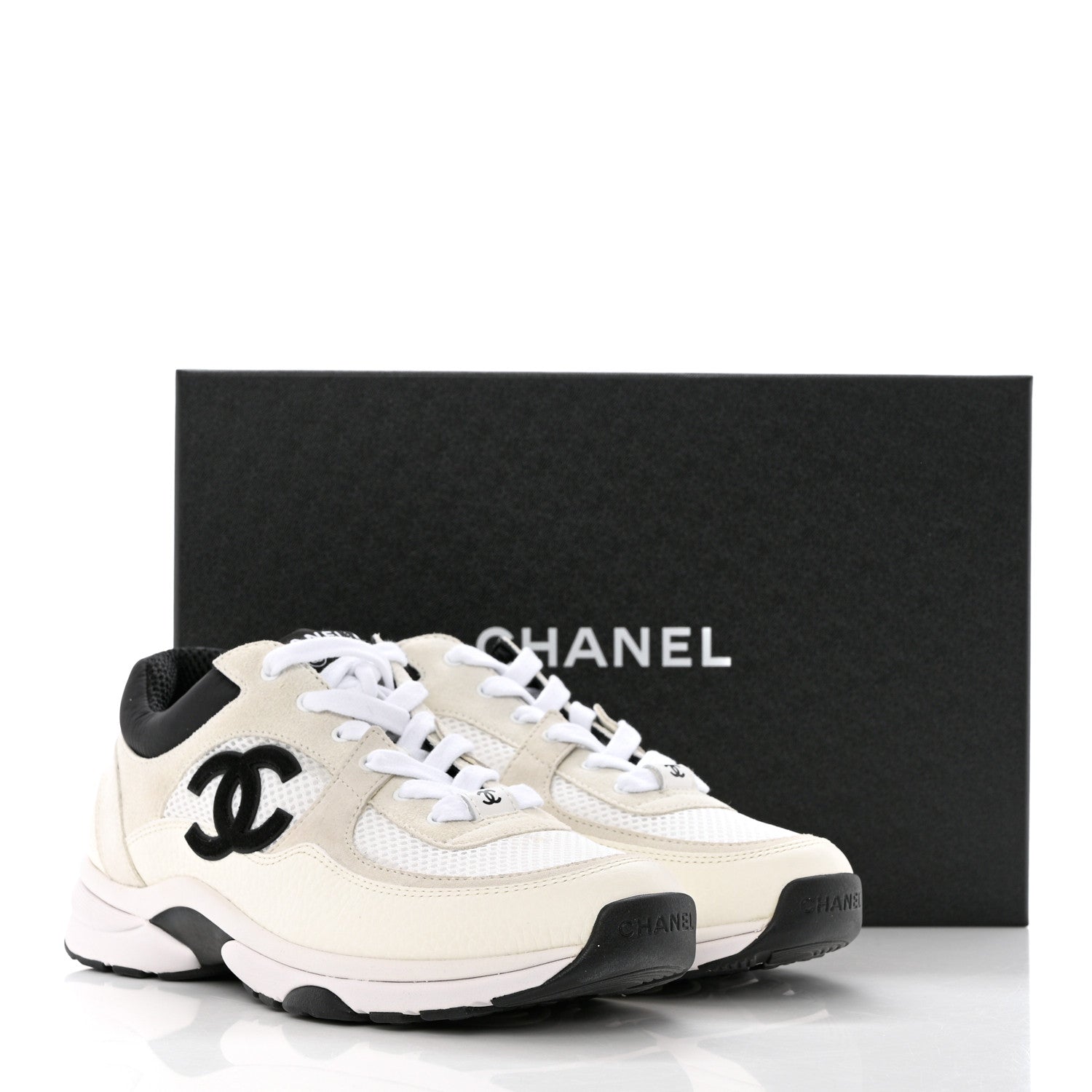 Chanel Mesh Suede Calfskin Grained Calfskin Womens CC Sneakers 38.5 White Black 11 of 11