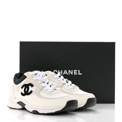 Chanel Mesh Suede Calfskin Grained Calfskin Womens CC Sneakers 38.5 White Black 11 of 11