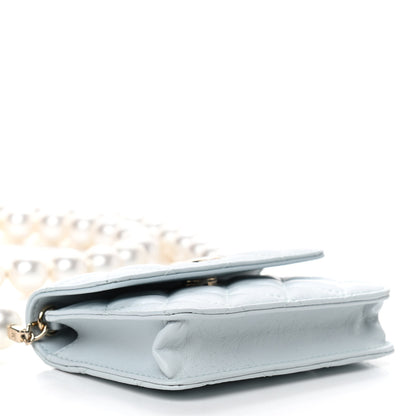 Chanel Calfskin Quilted Maxi Pearls Card Holder Flap With Chain Light Blue 4 of 10